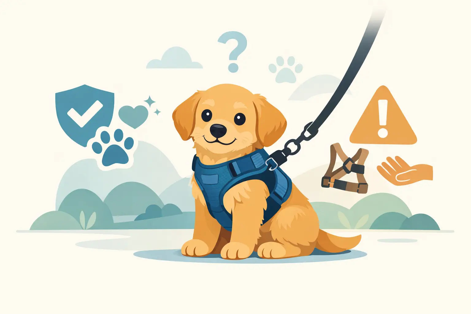Cute puppy wearing blue harness with leash, surrounded by paw prints and safety icons for dog walking.
