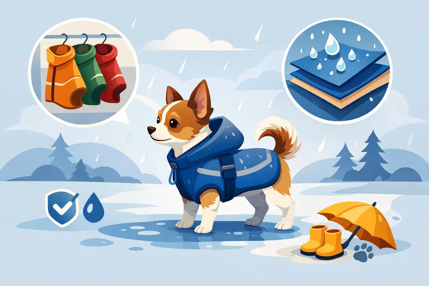 Small dog in blue waterproof coat, rain gear for puppies, stylish pet accessories for wet weather walks