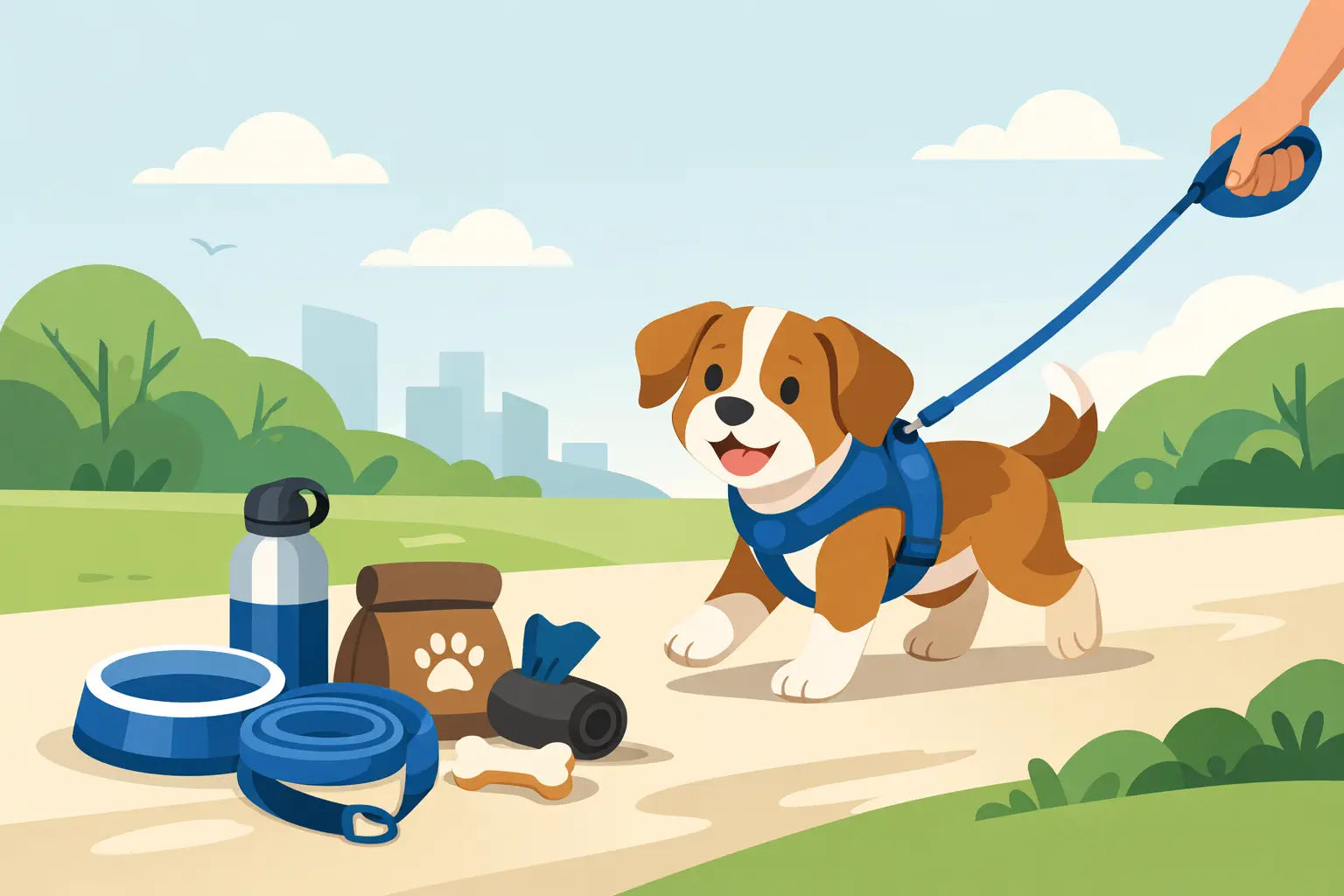 Cute puppy in blue harness on walk with dog walking essentials: leash, bowl, water bottle, treats