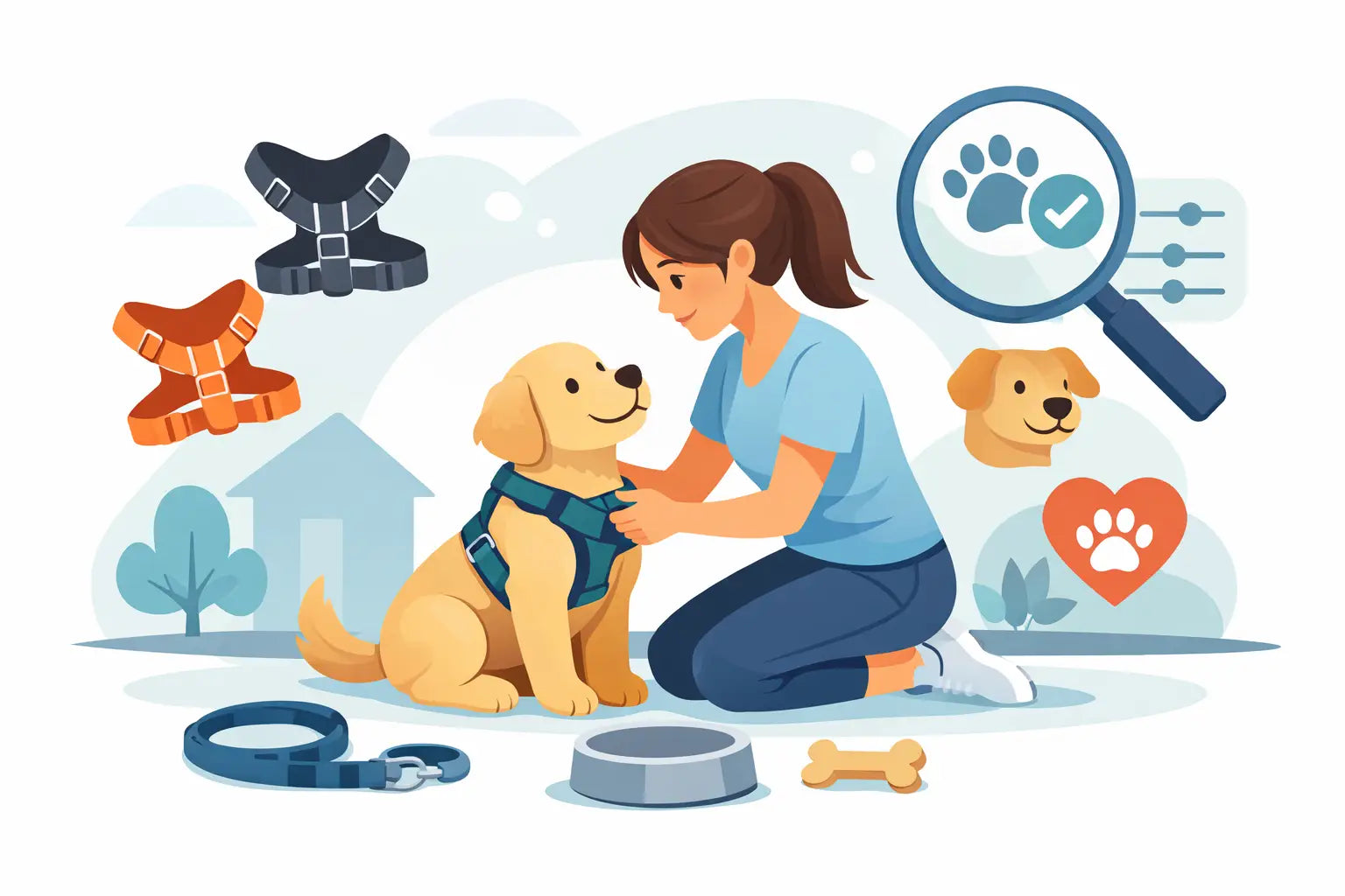 Woman fitting puppy with stylish dog harness, surrounded by leads, bowls & pet accessories for comfy walks