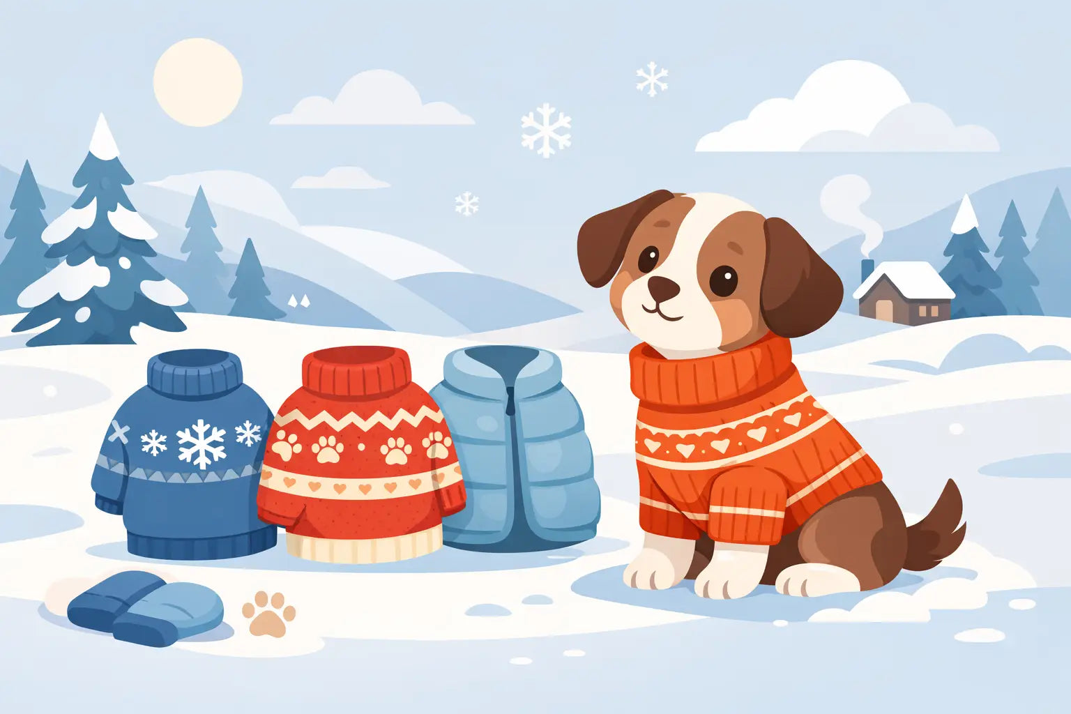 Adorable puppy in cozy orange sweater with winter dog accessories in snowy scene