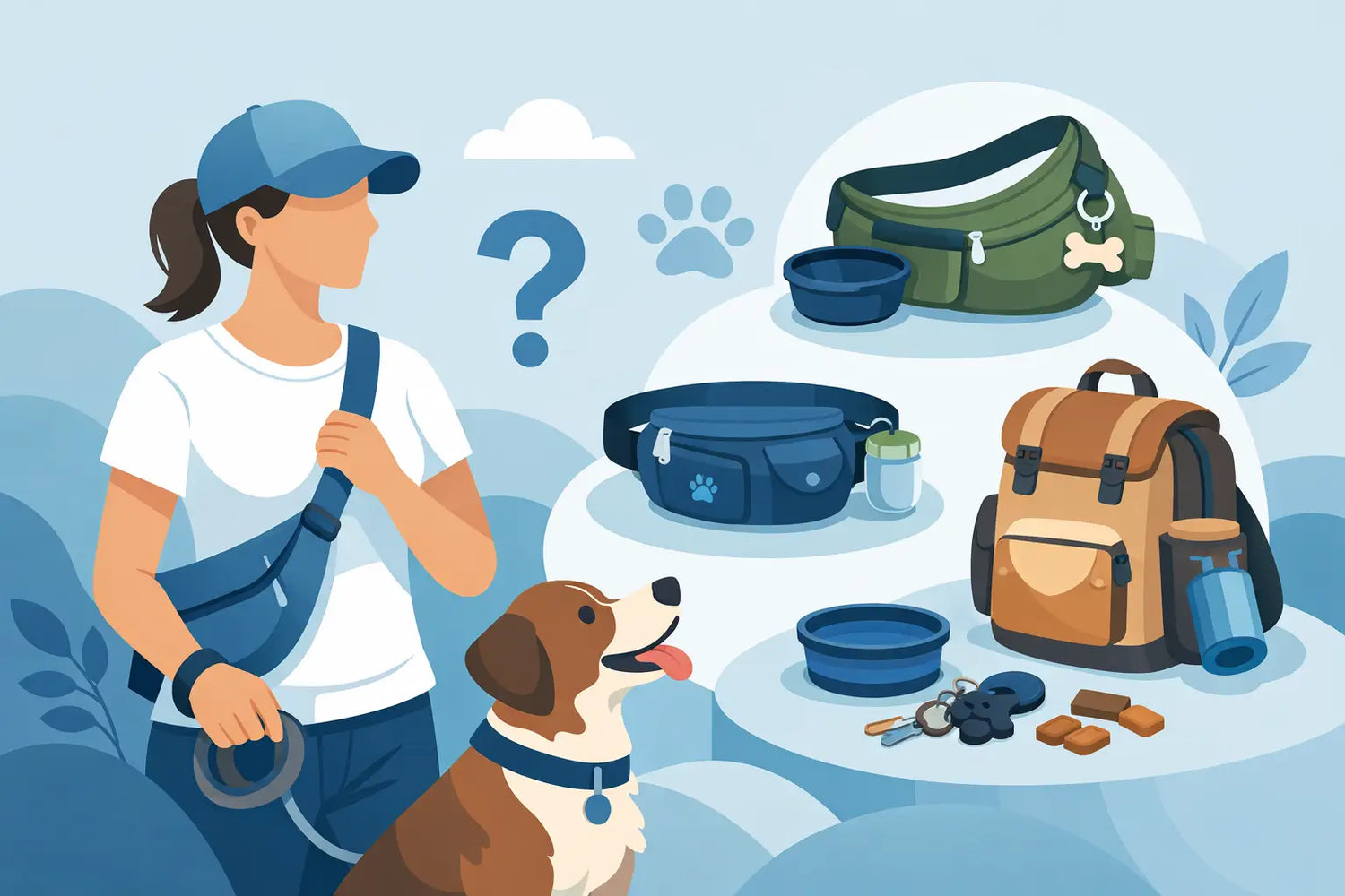 Woman with dog choosing stylish dog walking bags, harnesses, and travel accessories for outdoor adventures