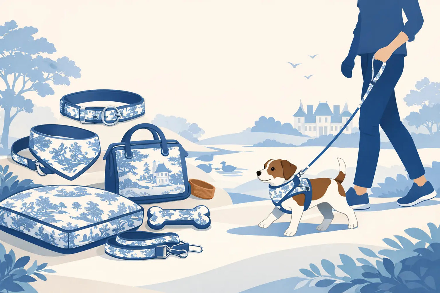 Toile de Jouy Dog Accessories for Stylish Walkies