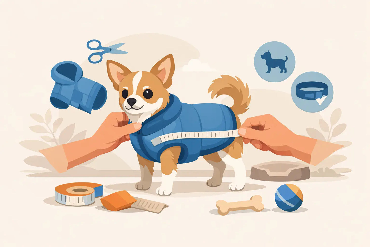 Corgi puppy in blue coat being measured for custom dog accessories, surrounded by pet gear and toys