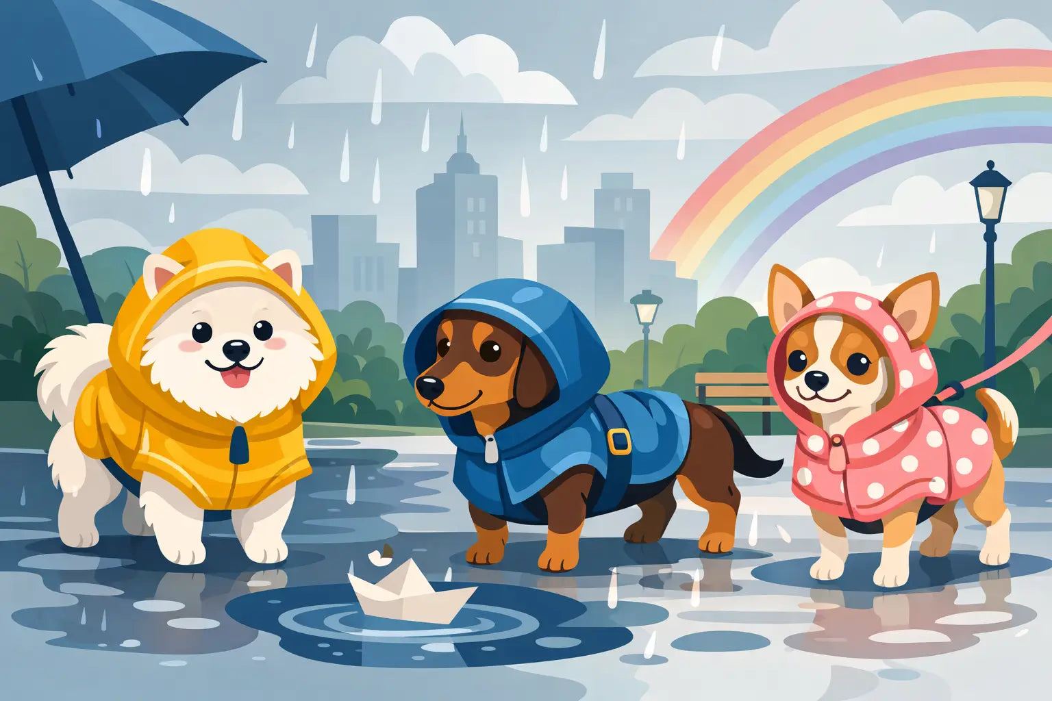 Three cute dogs in colorful raincoats walking in puddles under rain with rainbow, perfect for stylish dog walks.