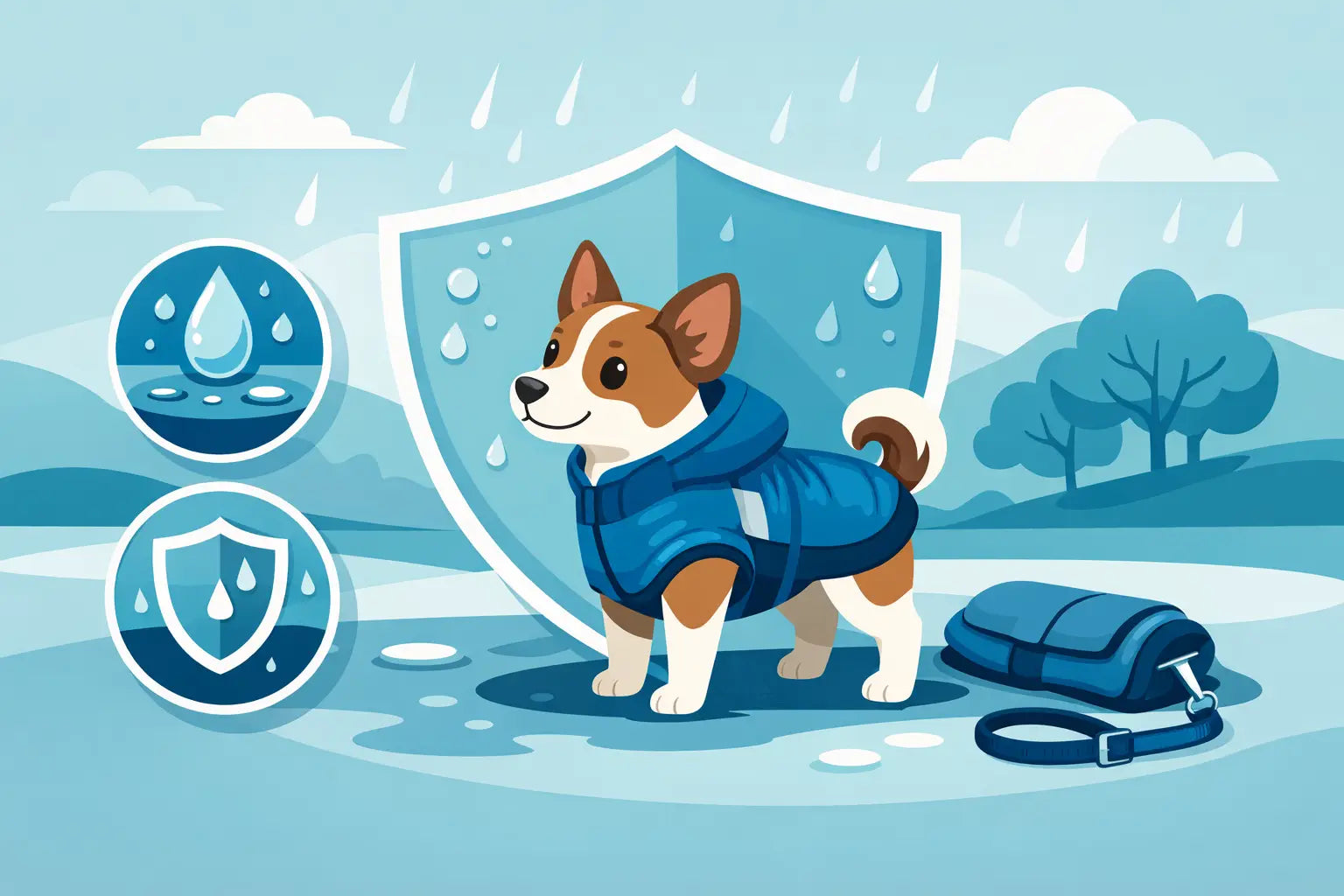 Cute dog in blue waterproof raincoat with matching leash and bag, staying dry in the rain