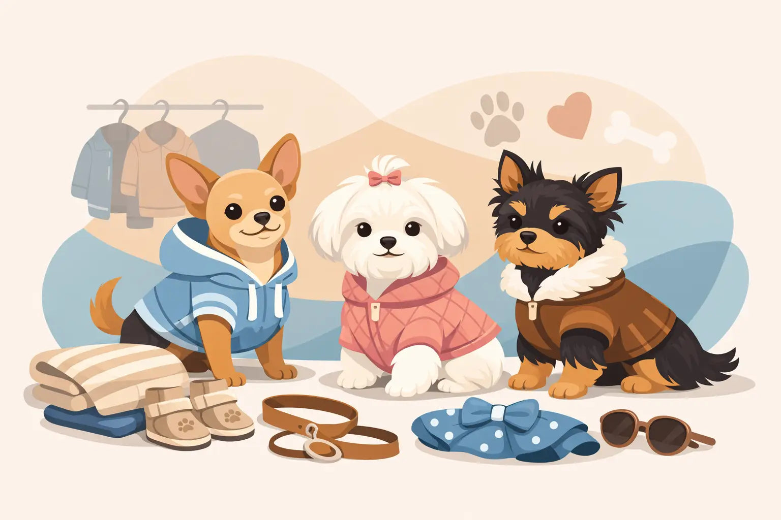 Three stylish dogs in cozy outfits with accessories like leads, boots, and sunglasses for luxury pet fashion.