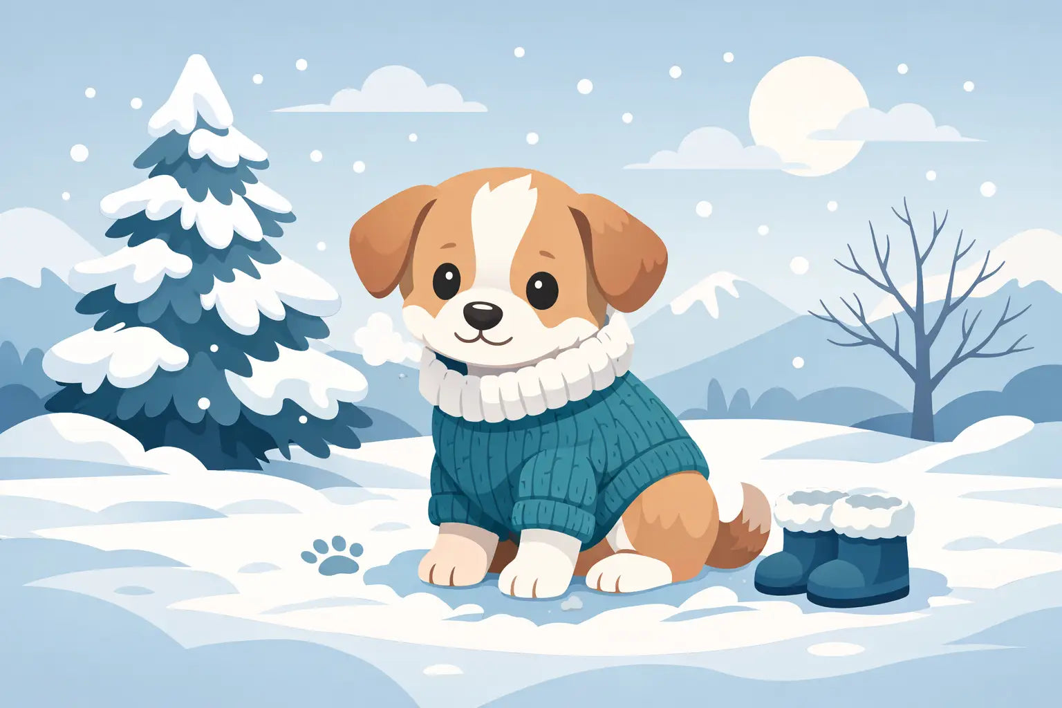 Cute puppy in cozy sweater and winter boots in snowy landscape