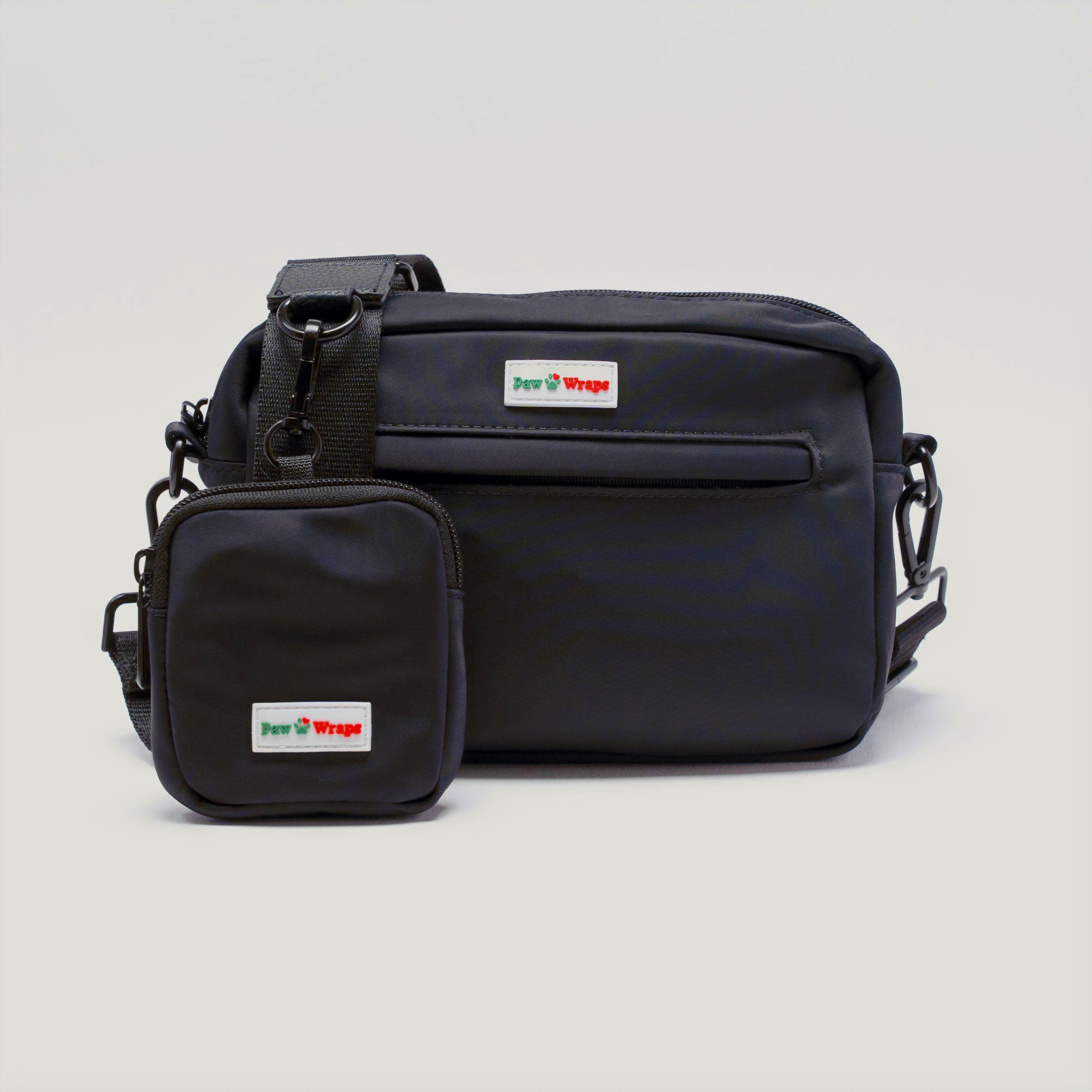 Black dog walking bag & matching pouch with Paw Wraps logo, stylish pet accessory for small dogs