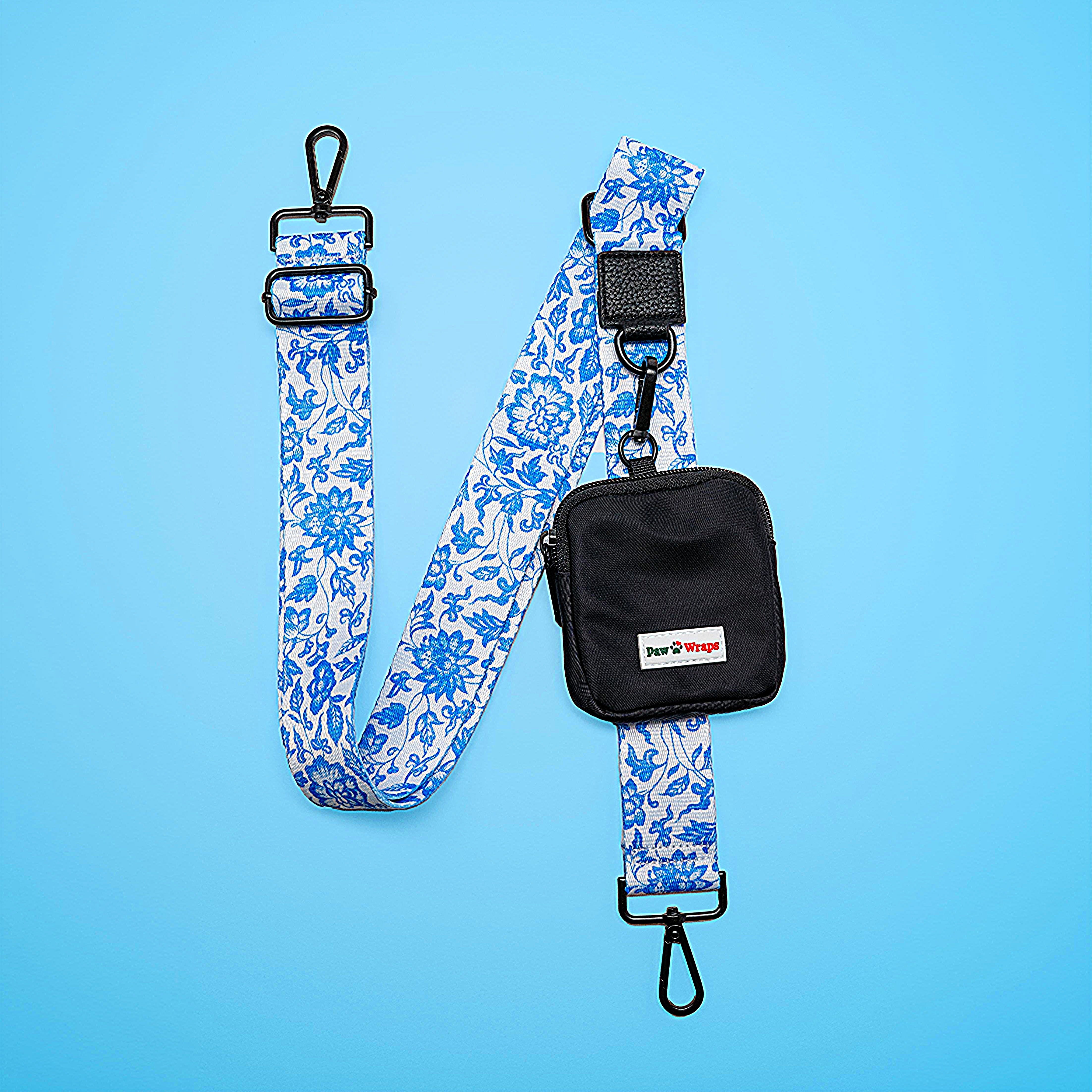 Blue floral dog lead with matching poop bag holder, stylish pet walking accessory