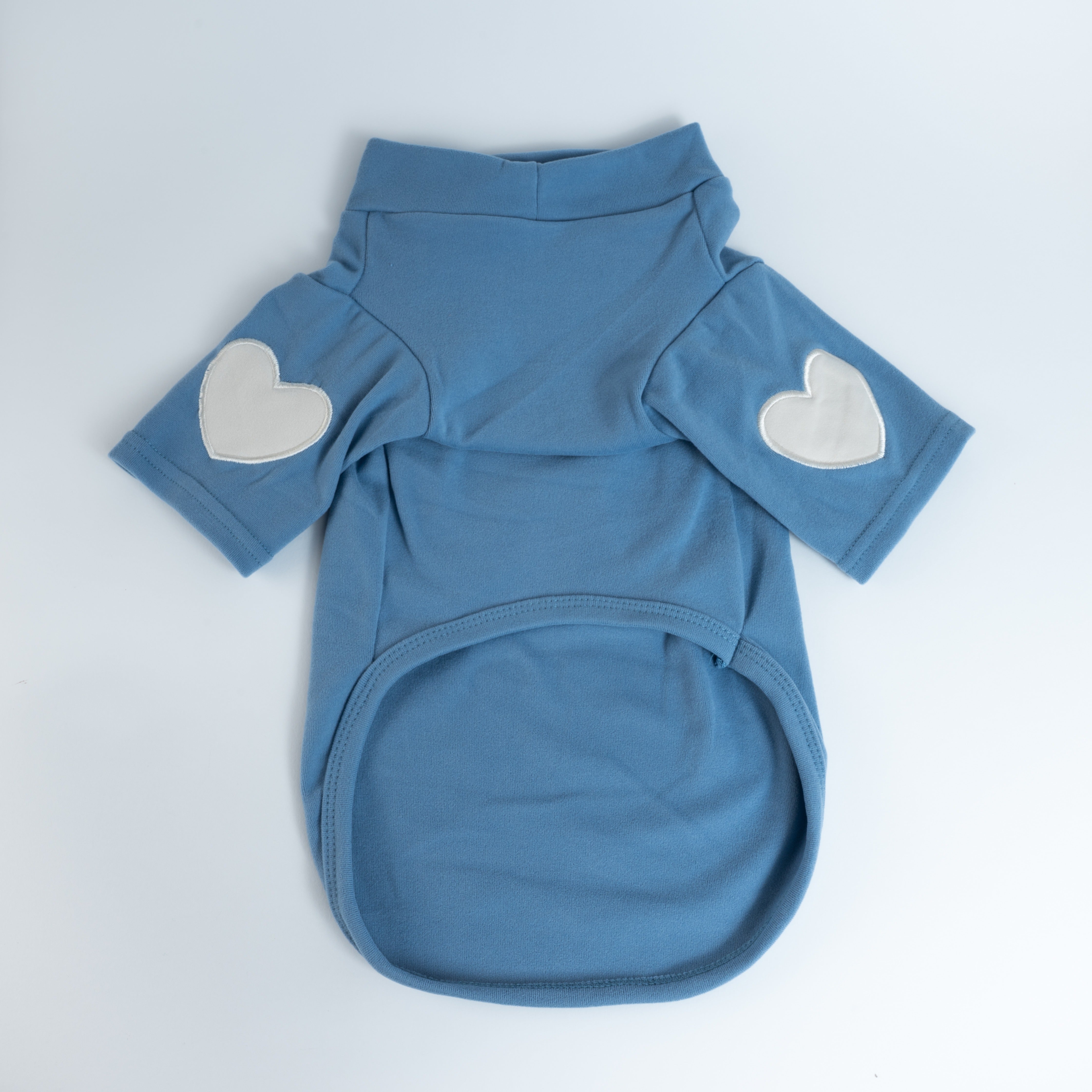 Blue dog shirt with white heart patches on sleeves, stylish pet apparel for small dogs