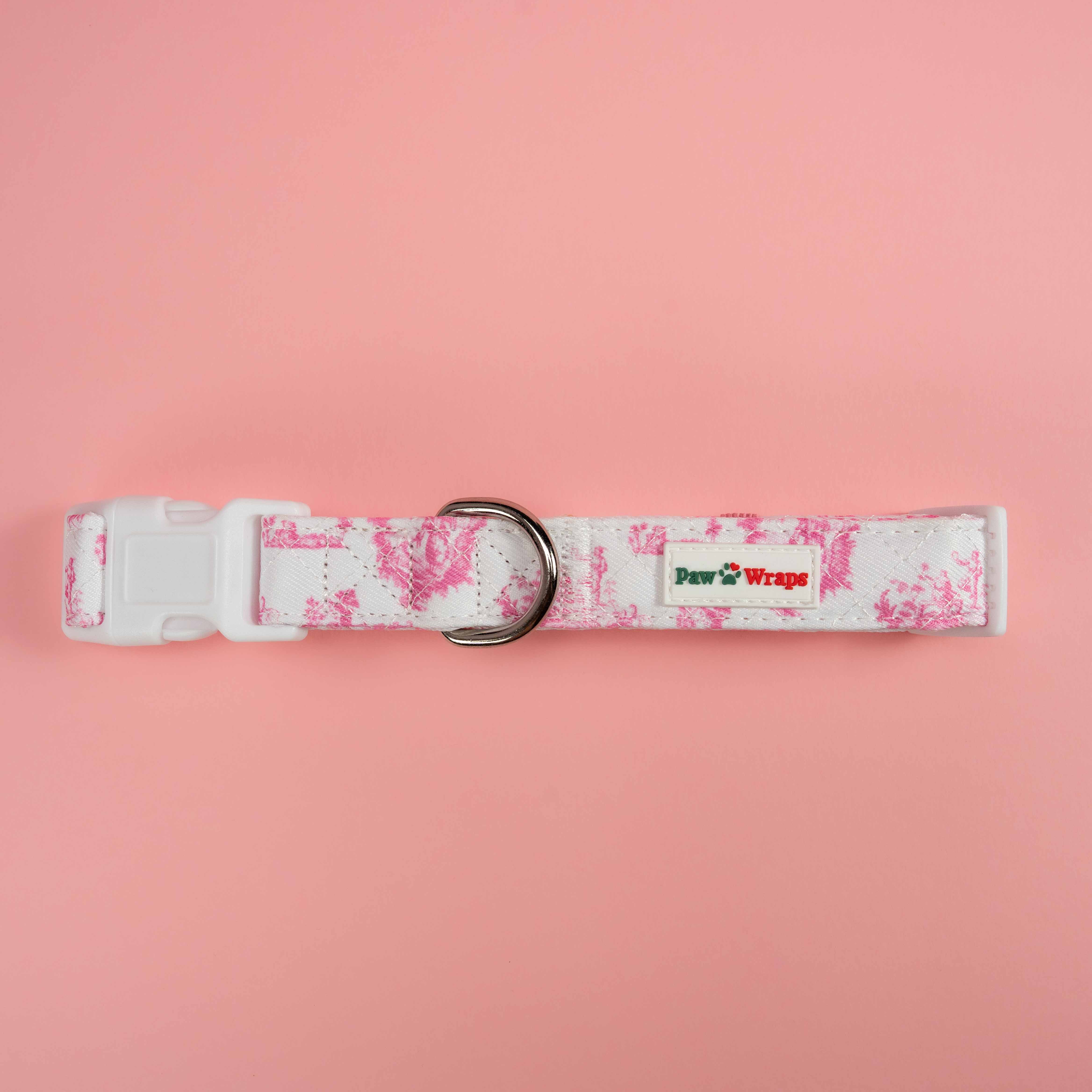 Paw Wraps Dog Collar Pink and White Toile de Jouy Dog Collar