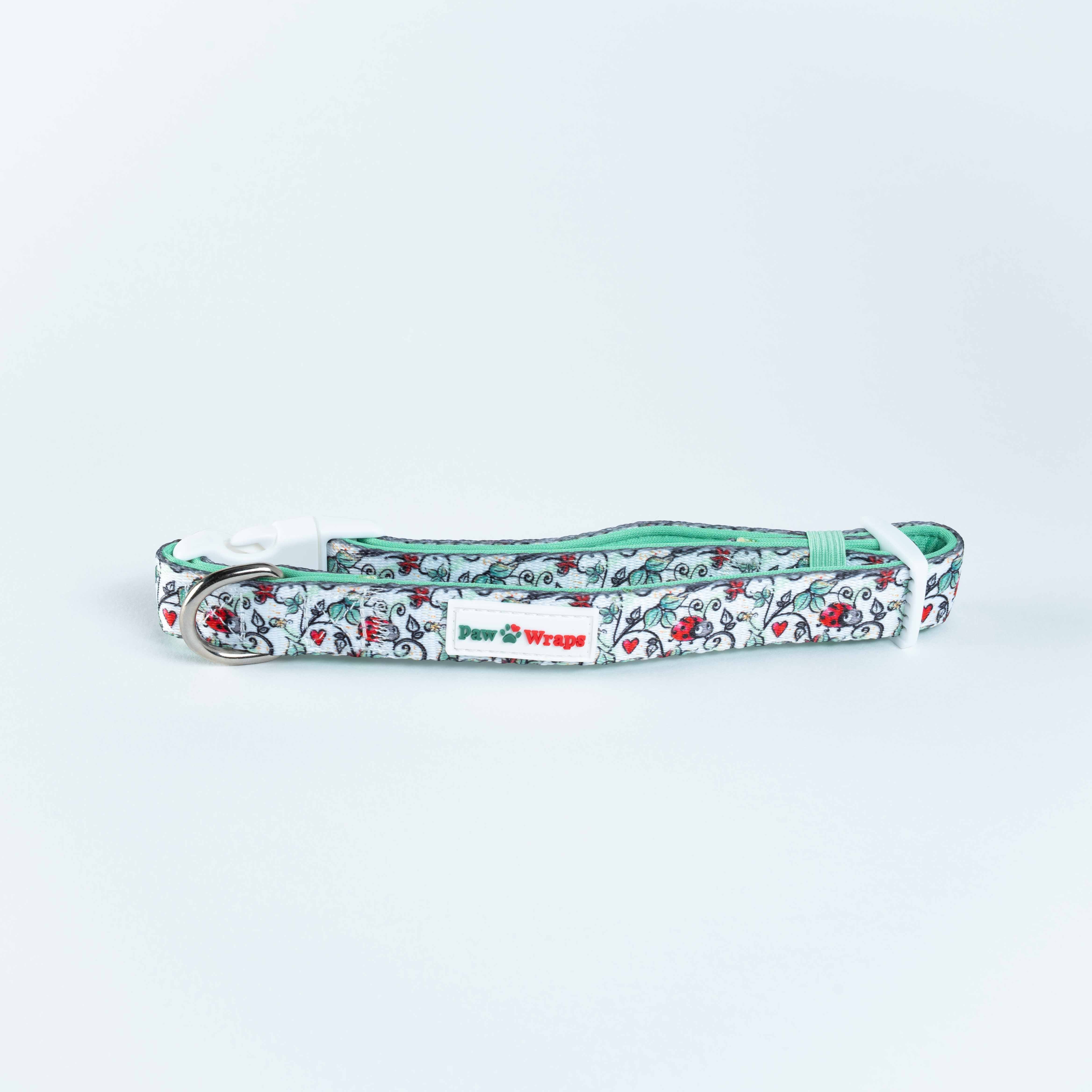 Floral ladybug pattern dog collar with mint green trim, white buckle, and Paw Wraps brand tag for small dogs.