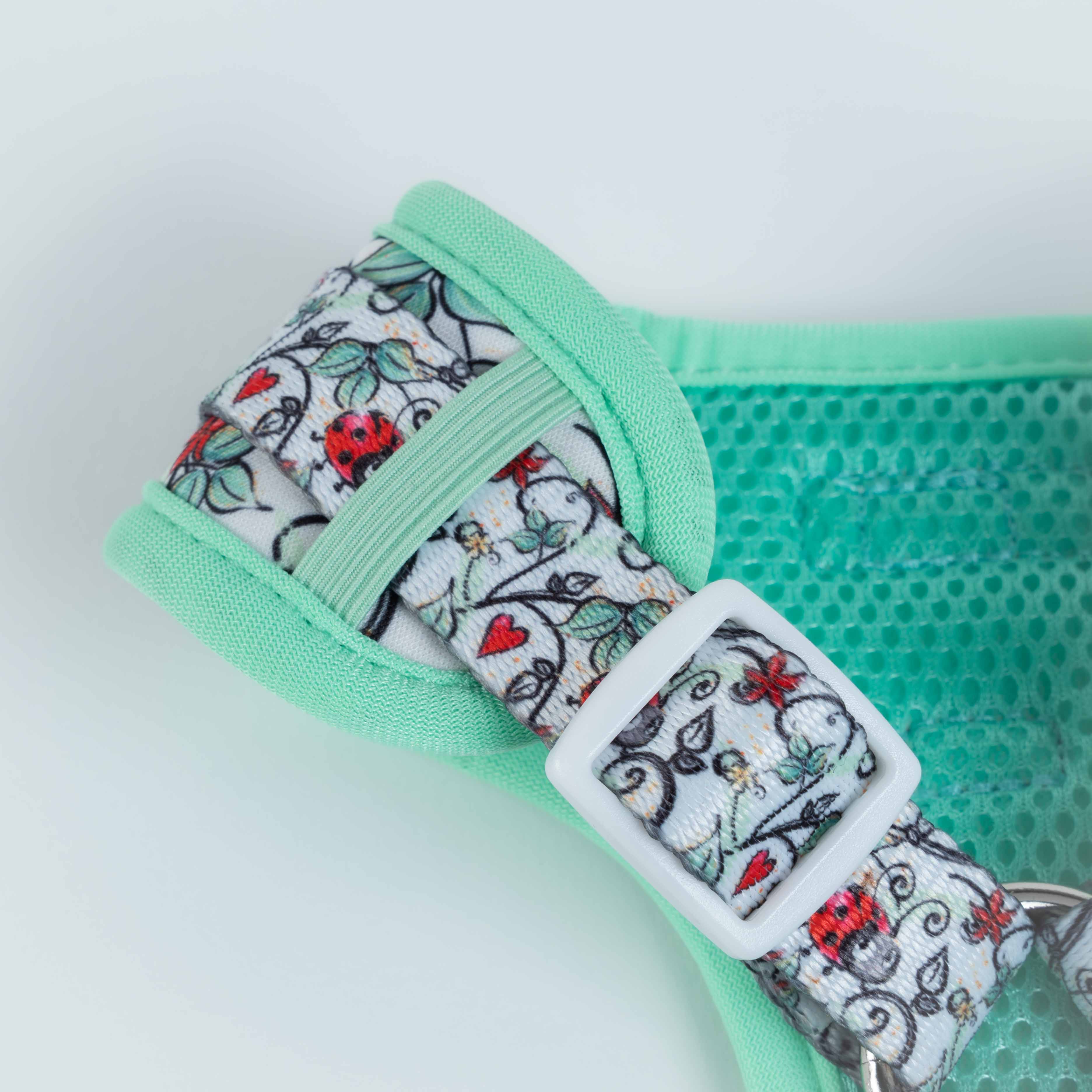 Mint green dog harness with ladybug print, featuring white buckle and breathable mesh lining for small dogs.