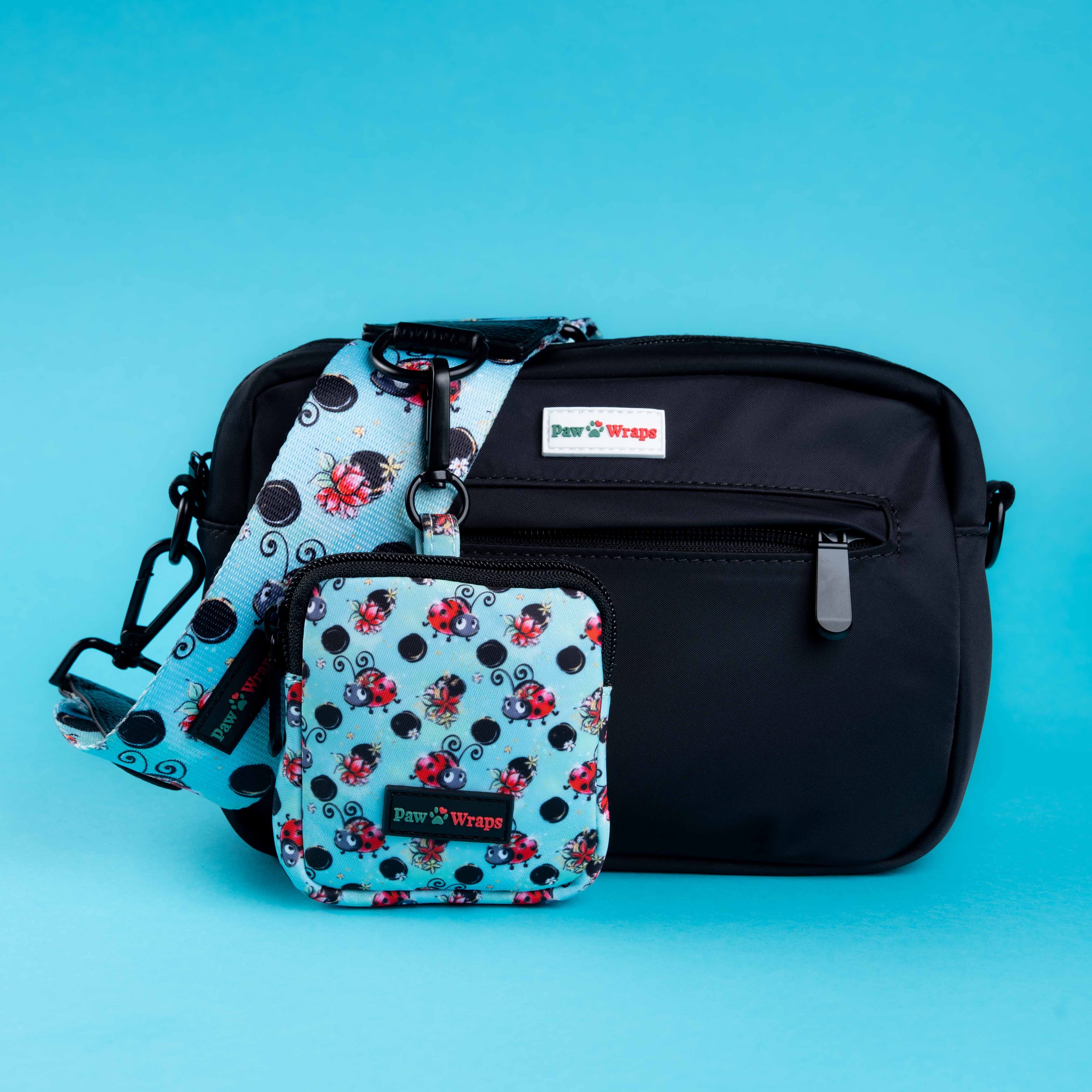 Paw Wraps dog walking bag with ladybug print pouch, stylish accessory for small dogs, perfect for walks
