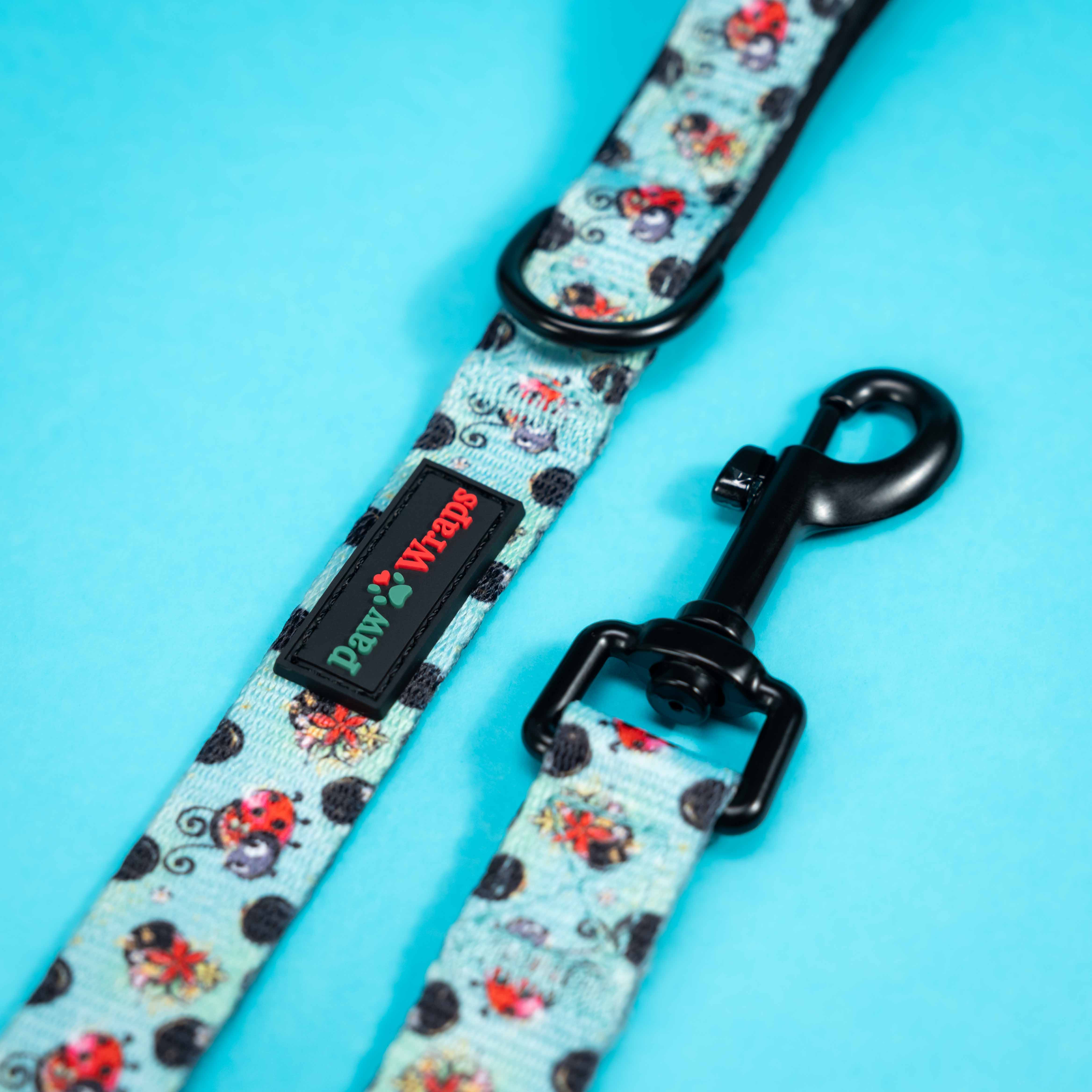 Stylish dog lead with ladybug print and black hardware, perfect for small dogs and puppy walks.