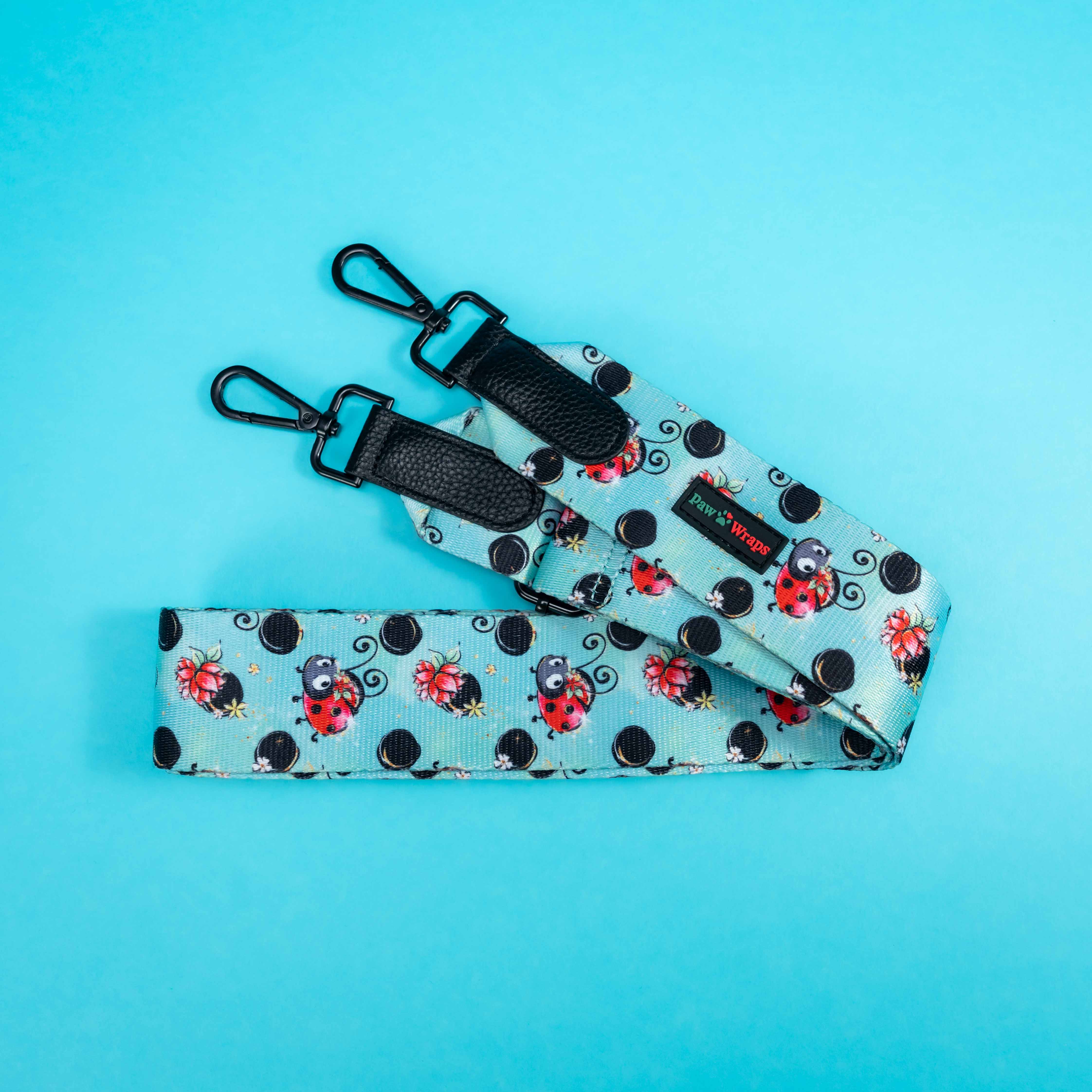 Ladybug print dog leash with black clips, stylish and comfy for small dogs