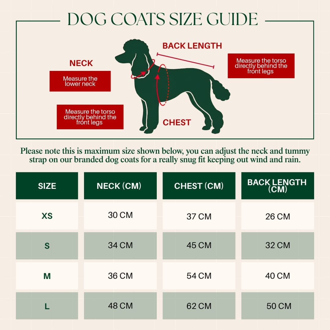 Dog coats size guide with measurements for neck, chest, and back length.