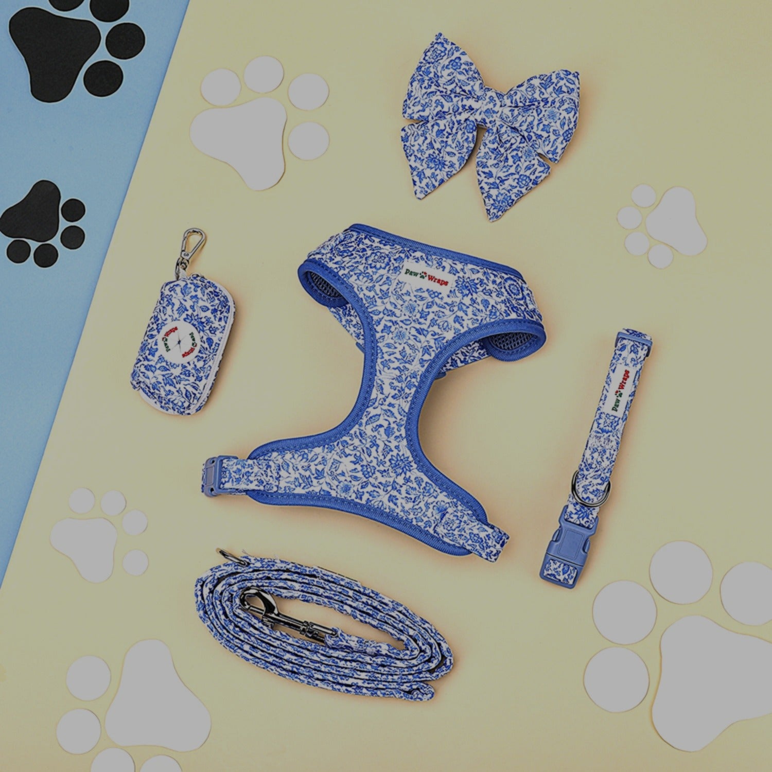 Paw Wraps Dog Harness Blue Toile de Jouy Cotton Adjustable Dog Harness