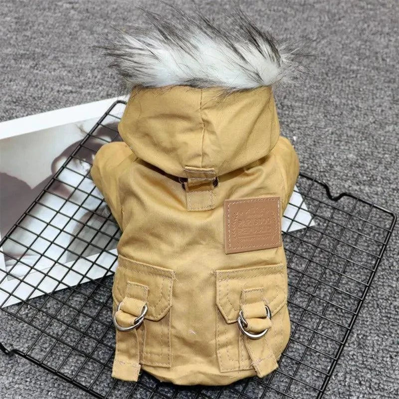Stylish yellow dog coat with faux fur hood and front pockets for small dogs