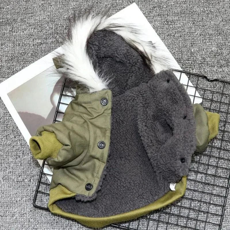 Cozy dog jacket with faux fur hood, olive green and gray, stylish pet apparel for small dogs