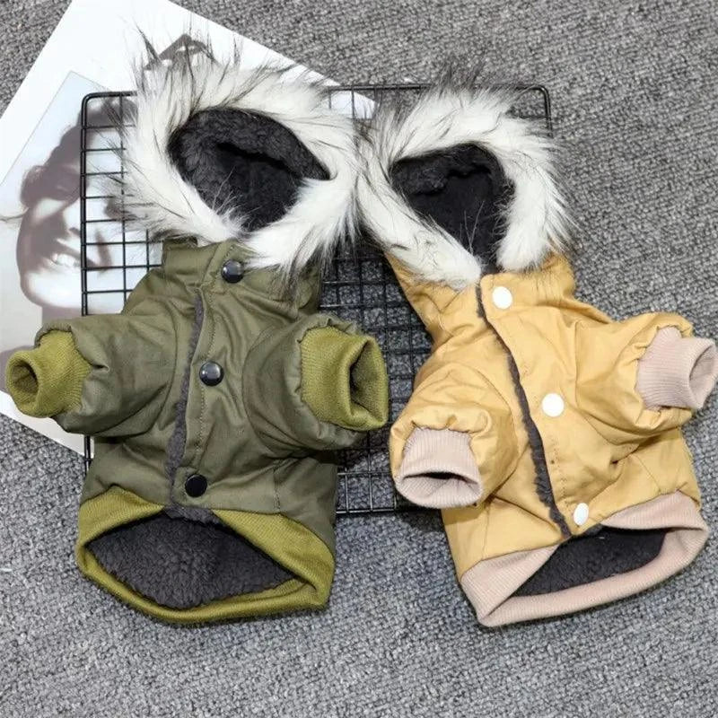 Cozy dog winter coats with faux fur hoods, olive green and mustard yellow, perfect for small pups