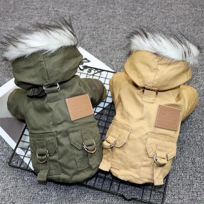 Stylish dog coats with faux fur hoods in olive and beige, perfect for luxury small dog accessories.