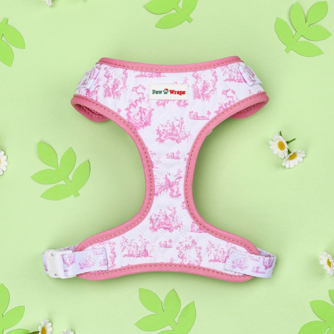 Paw Wraps Dog Harness XS Pink and White Toile de Jouy Adjustable Neck Harness