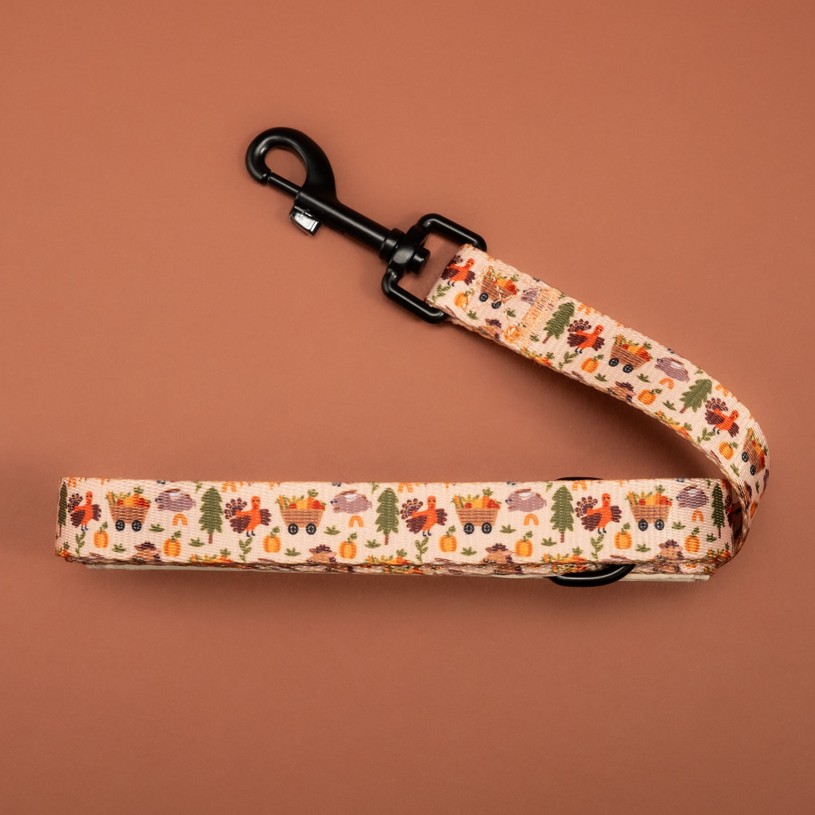 Autumn-themed dog leash with turkey, pumpkin, and cart print, perfect for stylish walks.