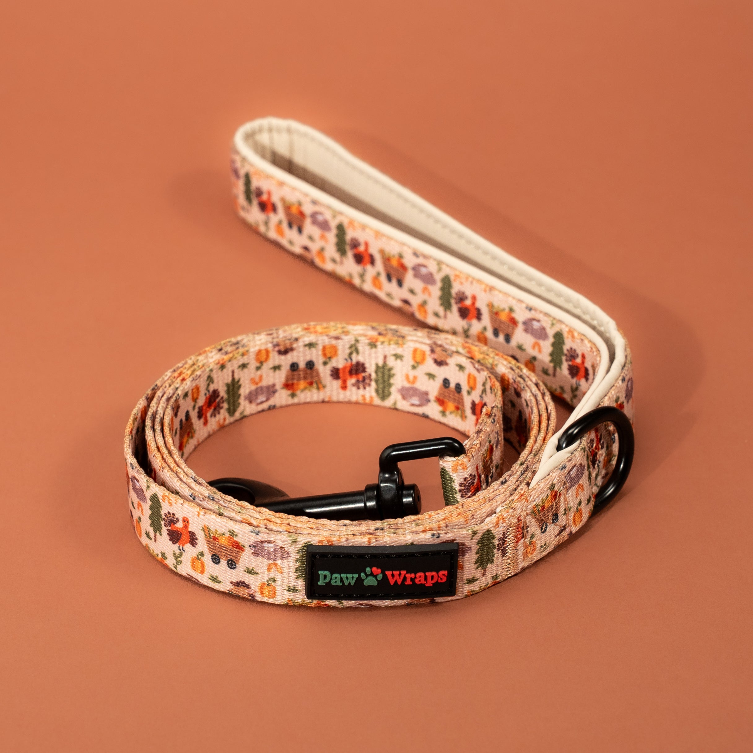 Paw Wraps autumn-themed dog lead with turkey, pumpkin & leaf print, stylish walking accessory for small dogs