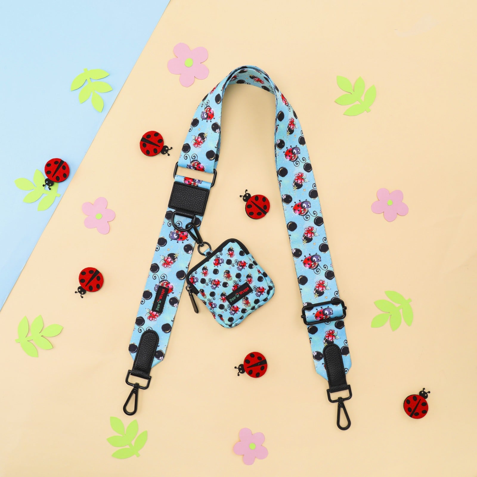 Ladybug print dog walking bag strap with matching pouch, cute pet accessory for stylish walks