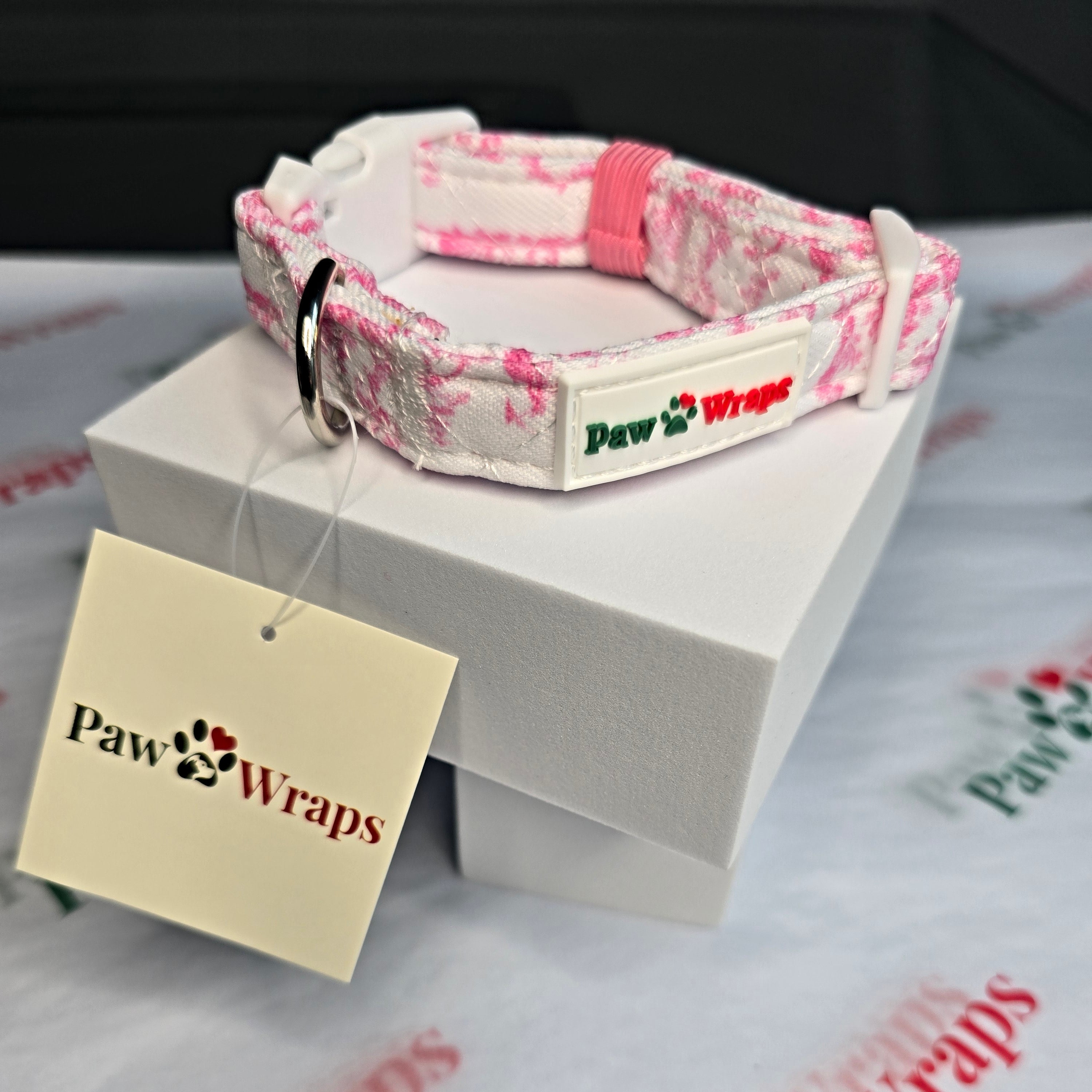 Paw Wraps Dog Collar XS Pink and White Toile de Jouy Dog Collar