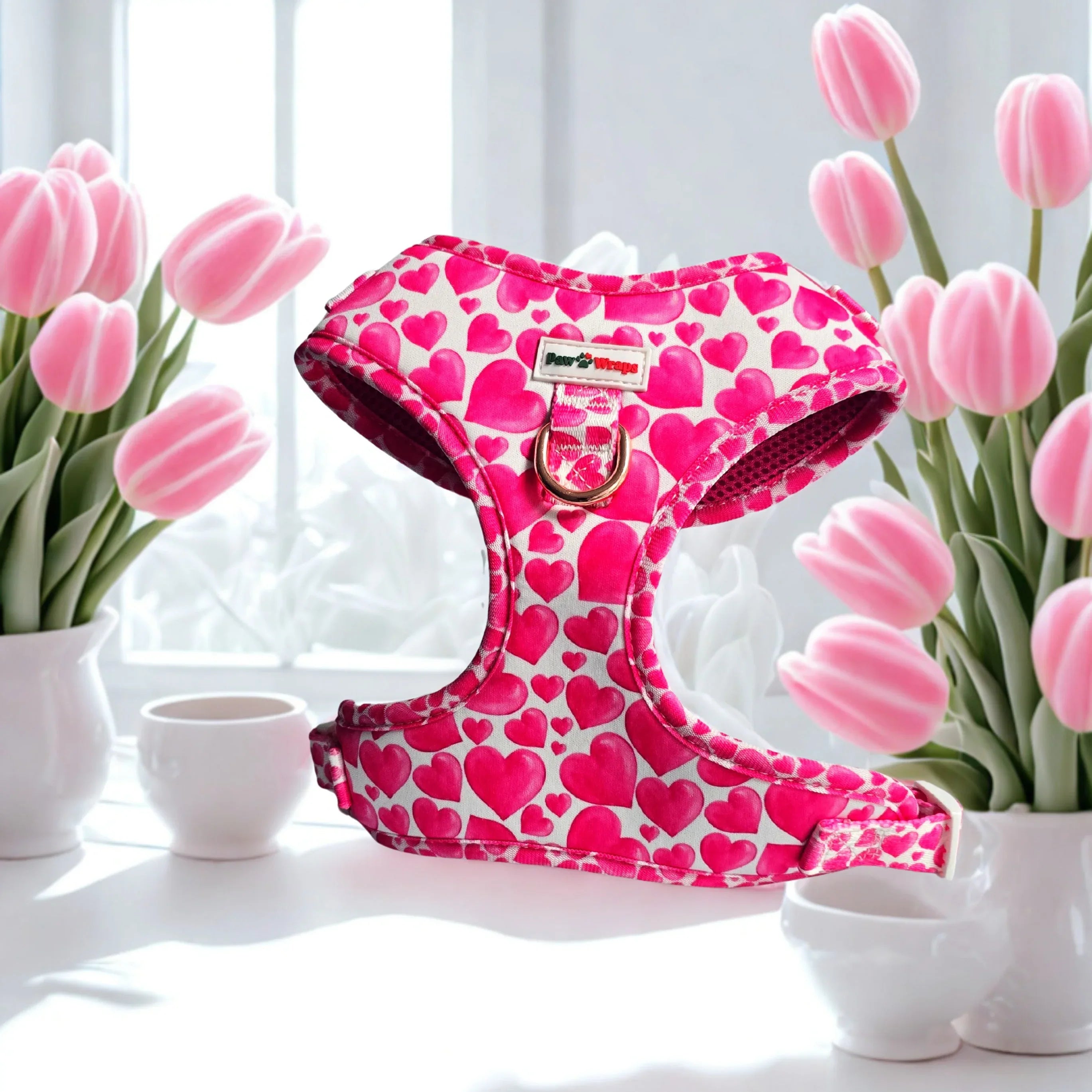 Pink heart-patterned dog harness with tulips, stylish pet accessory for walks