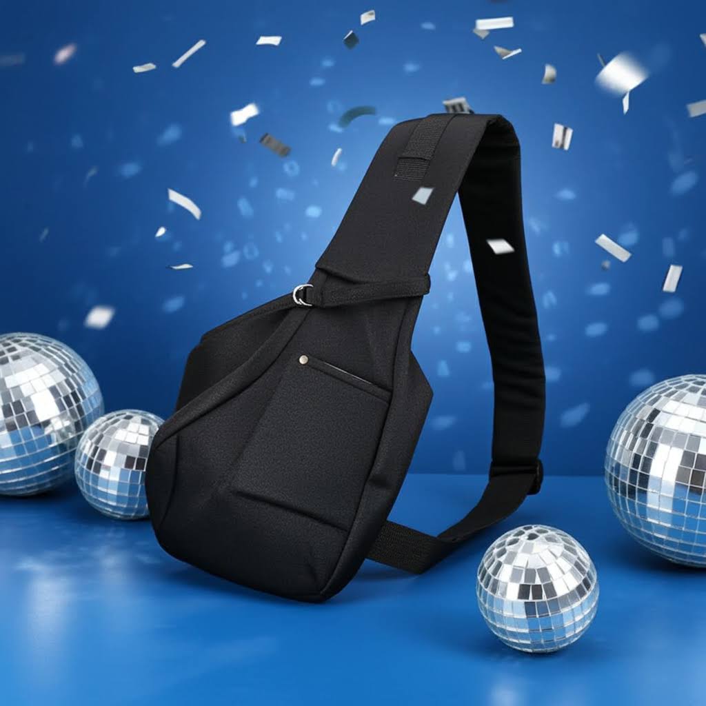 Stylish black sling bag with disco balls and confetti on blue background