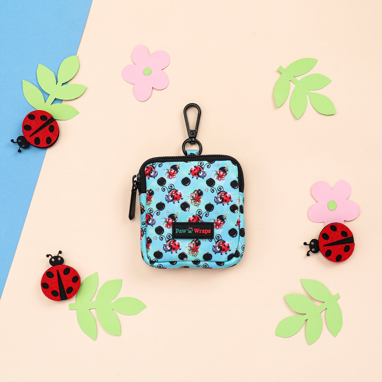 Cute ladybug print dog poop bag dispenser with clip, perfect for stylish walks with your pup