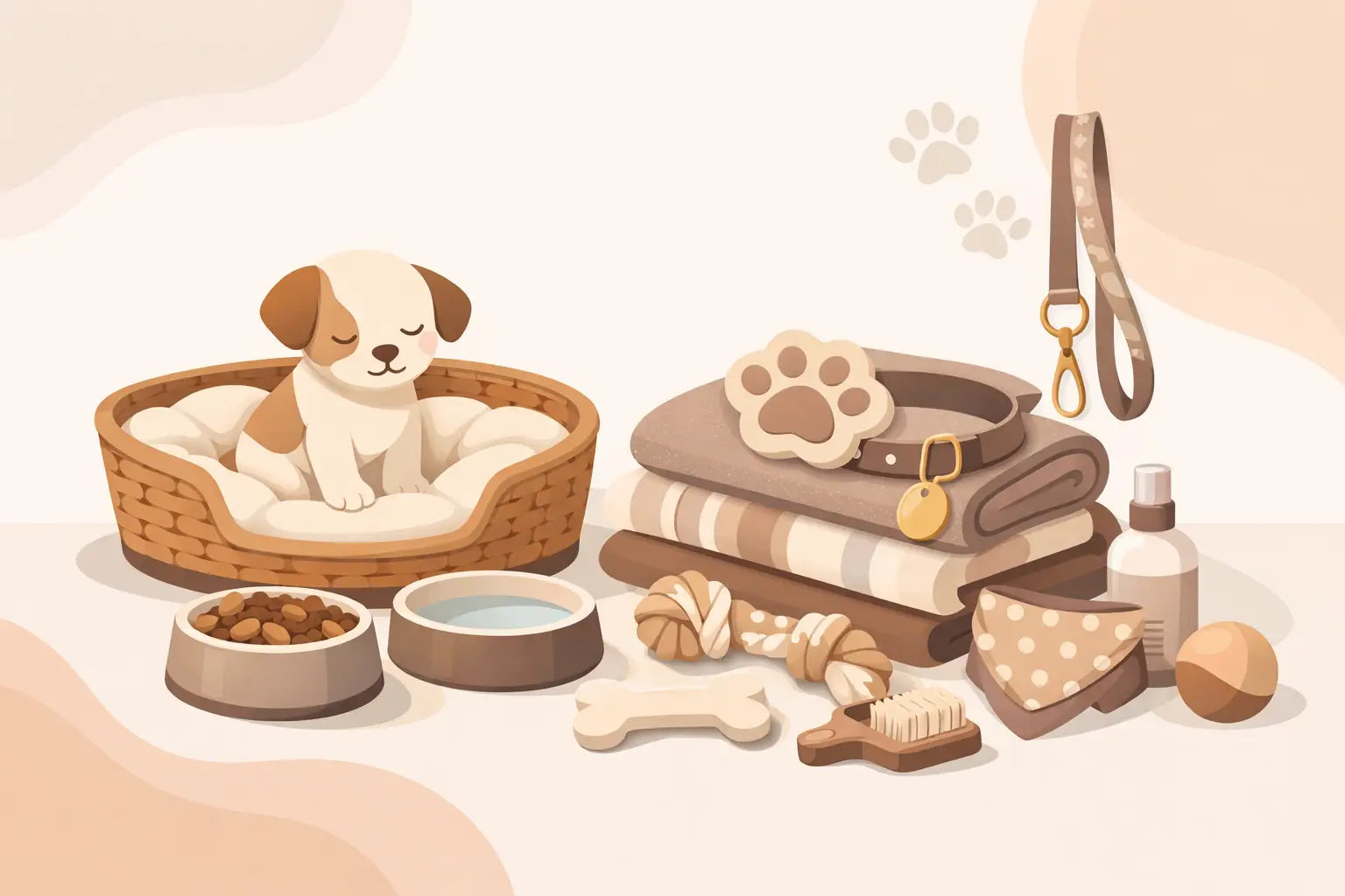 Cute puppy in cozy basket with dog food bowls, leash, toys, and grooming essentials for small dogs