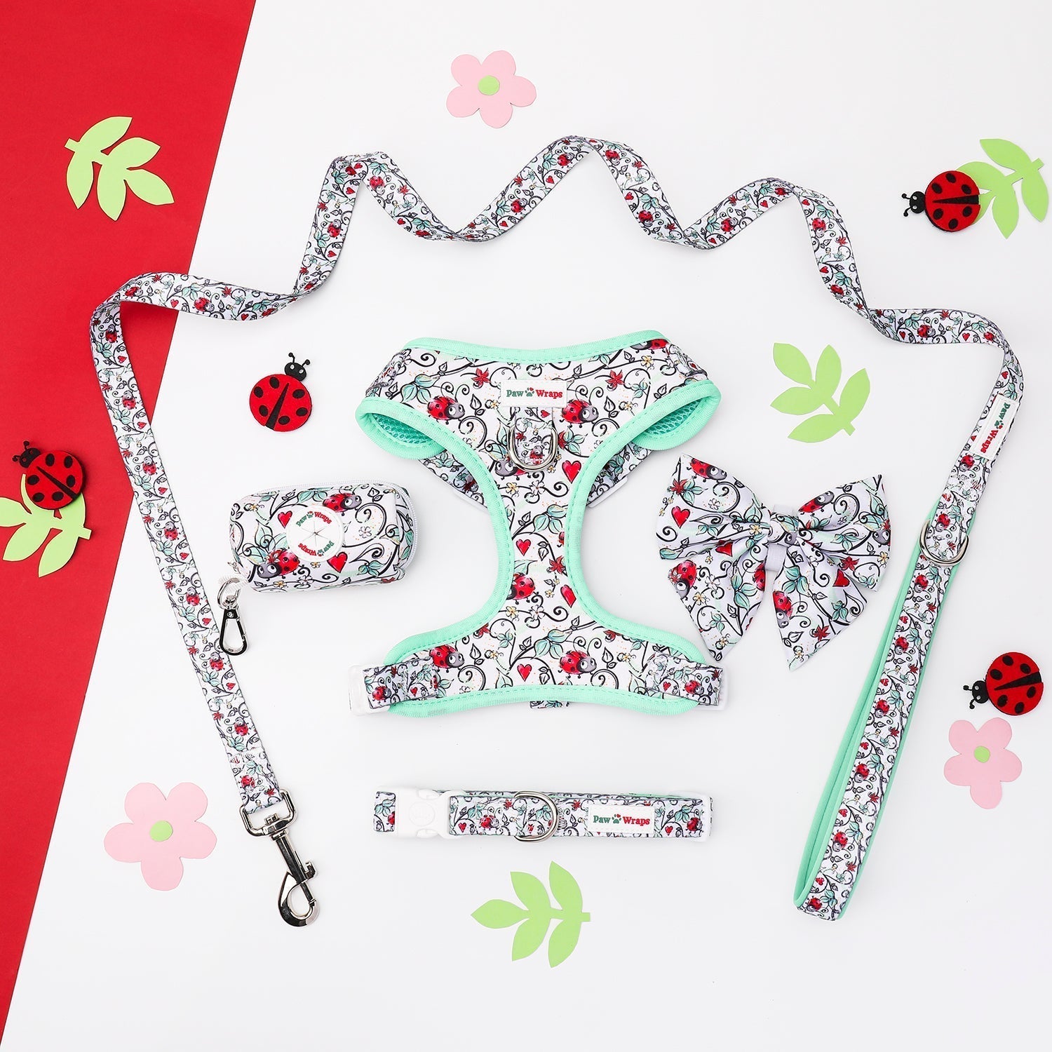 Ladybug print dog harness set with matching leash, collar, bow, and waste bag holder for small dogs