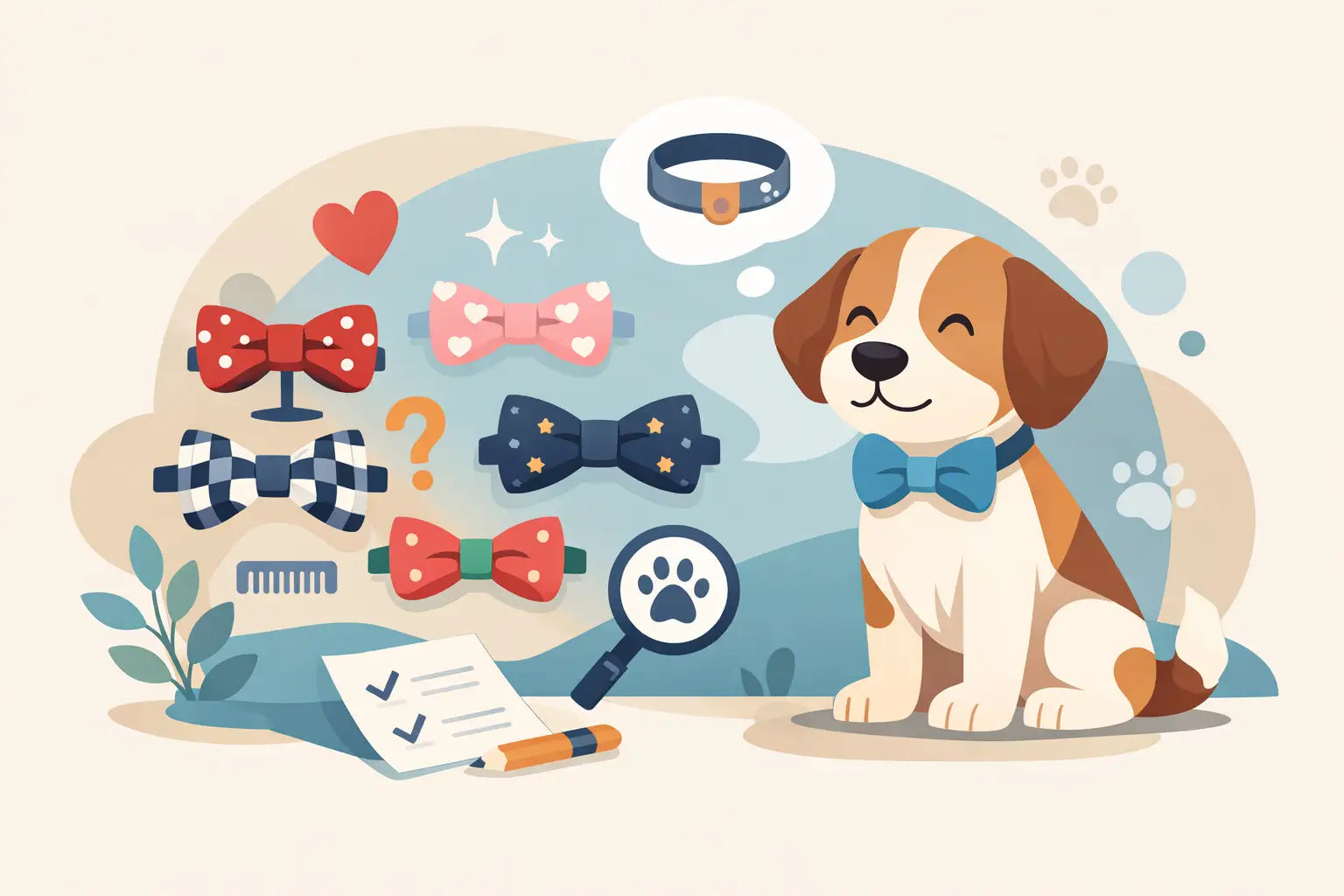 Cute puppy wearing blue bow tie with stylish dog accessories: collars, bow ties, and grooming tools for luxury small dogs.