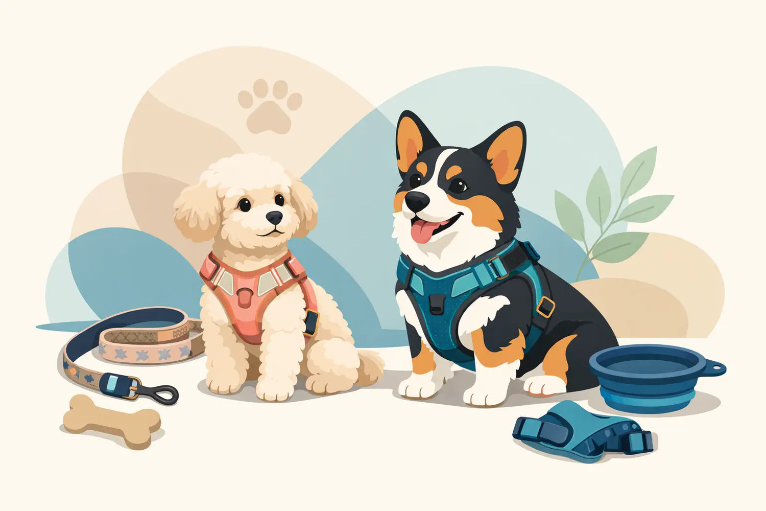 Cute poodle and corgi in stylish dog harnesses with matching leads, bowls, and paw wraps for walks