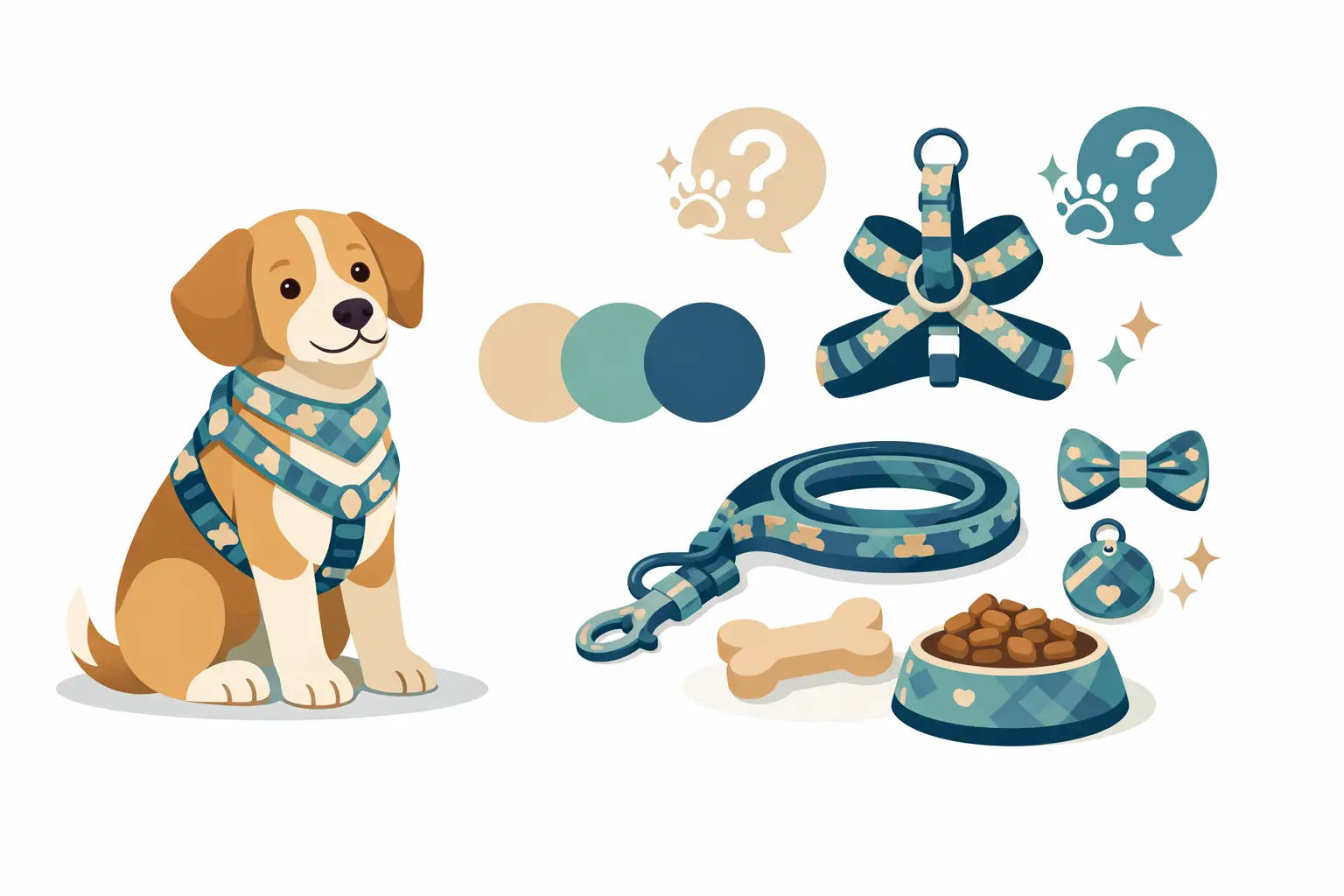 Cute puppy in stylish harness with matching leash, bowtie, and dog accessories for luxury walks.