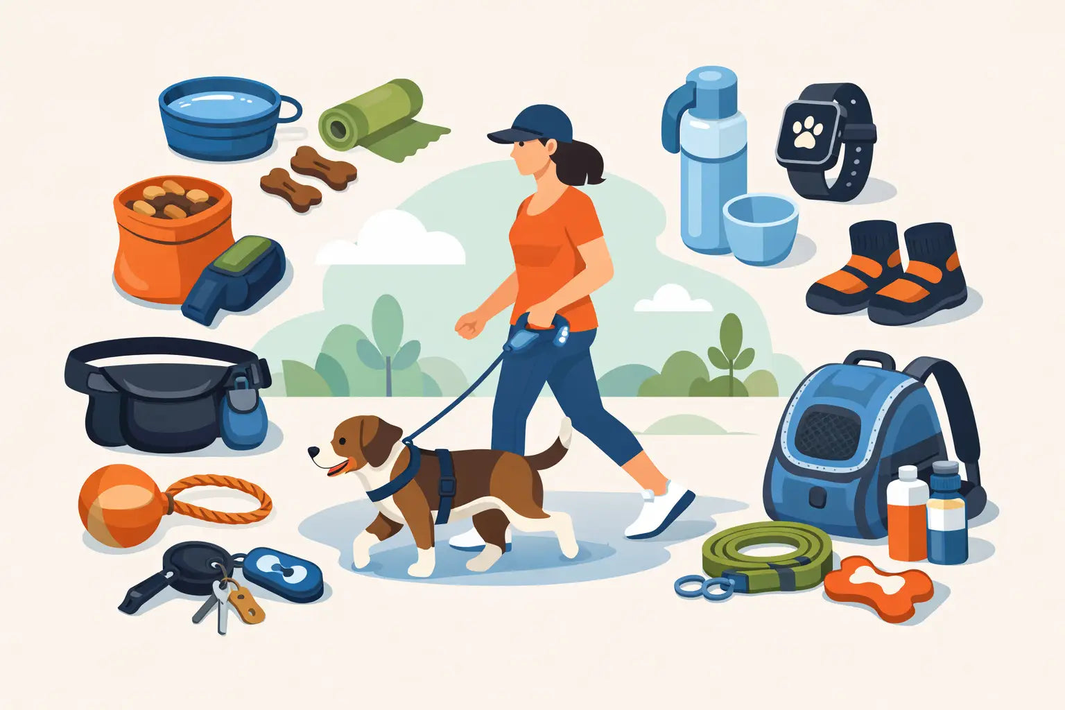 Woman walking dog with stylish harness, leash, and pet accessories for outdoor adventures.