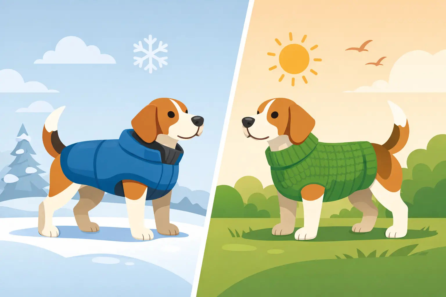Beagle in blue winter coat and green sweater for all seasons dog apparel