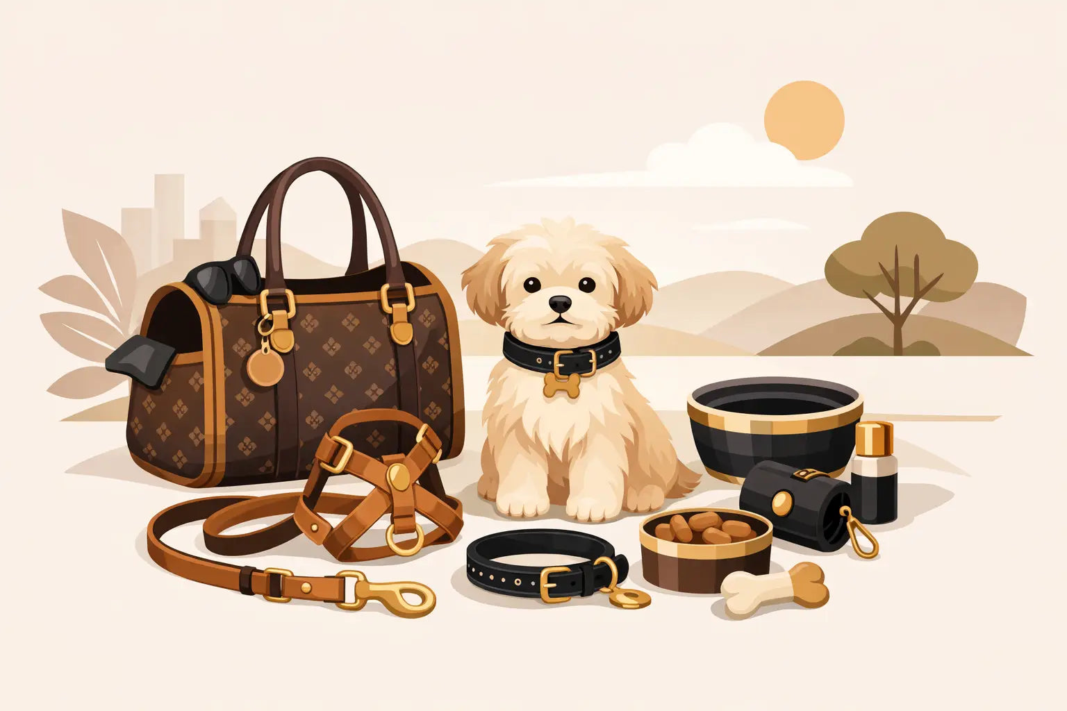Cute puppy with luxury dog walking bag, harness, leash, and stylish pet accessories for small dogs