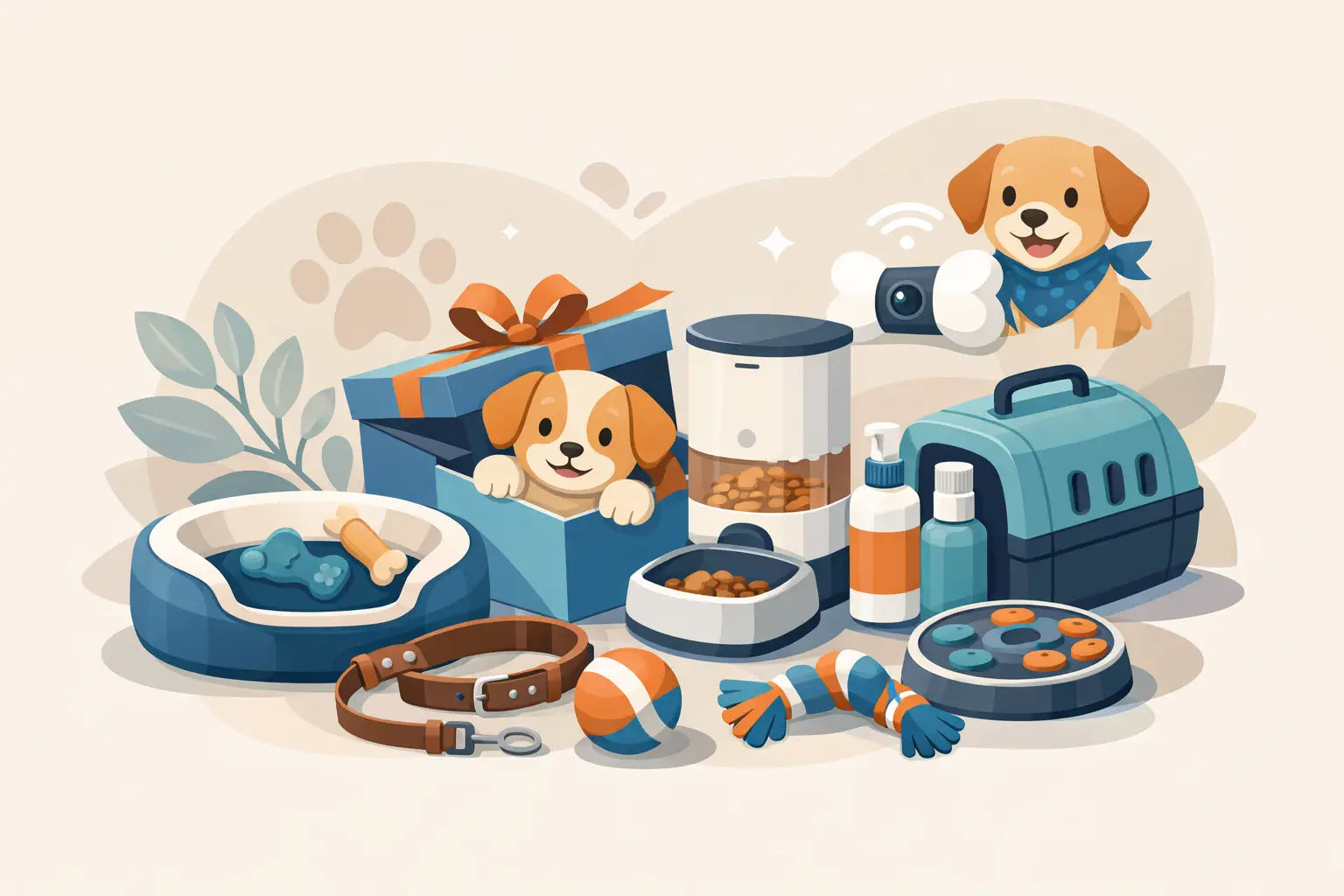 Cute puppy with dog accessories including bed, toys, leash, and travel carrier for stylish walks