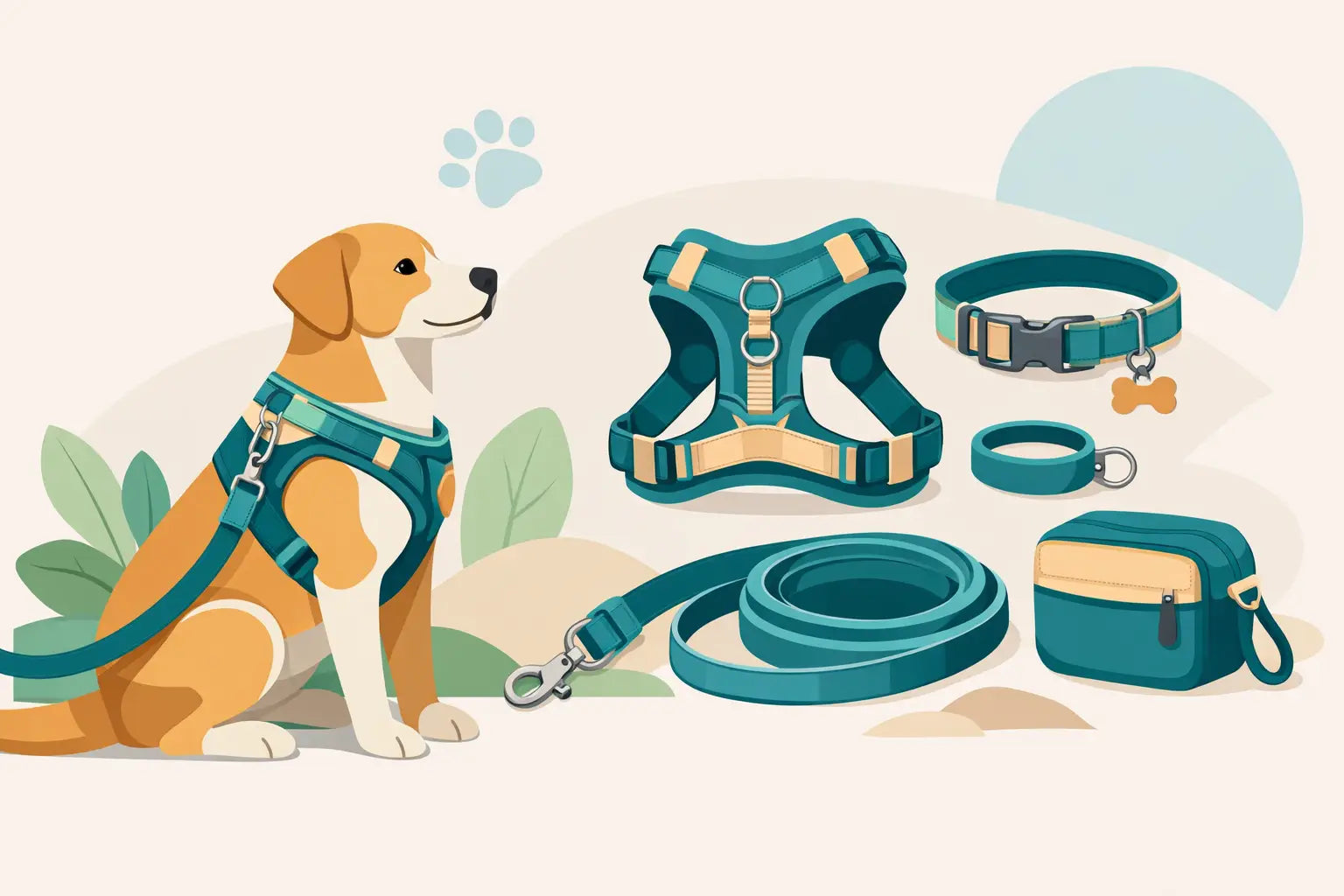 Stylish teal dog harness, collar, leash, and walking bag set for small dogs