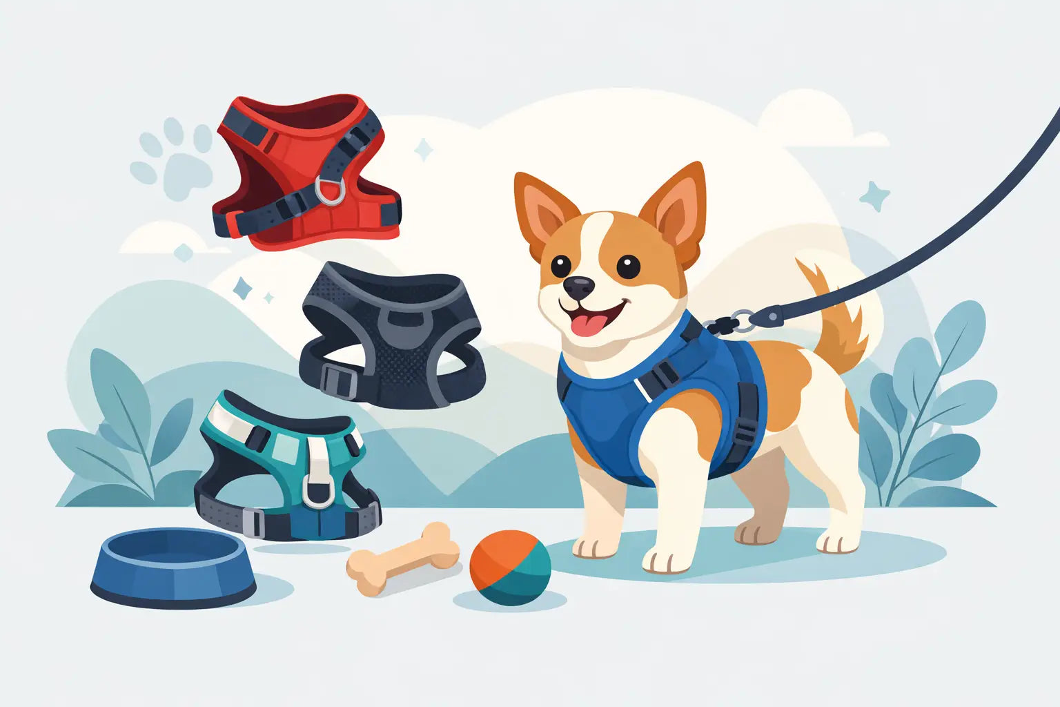 Cute dog in blue harness with matching accessories for stylish walks