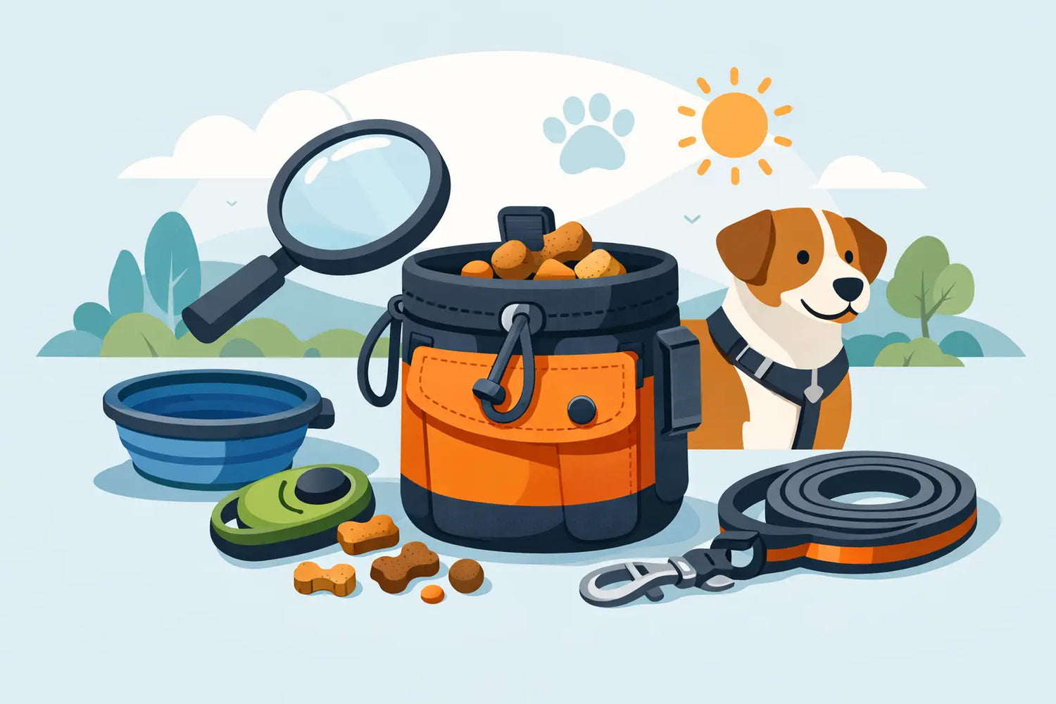 Dog with harness, treat bag, leash, and bowl for stylish walks