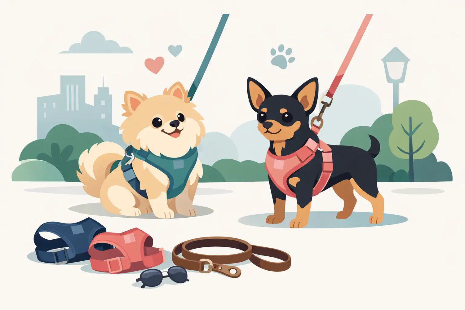 Cute small dogs in stylish harnesses and leads, perfect for walks. Matching pet accessories for luxury puppy fashion.