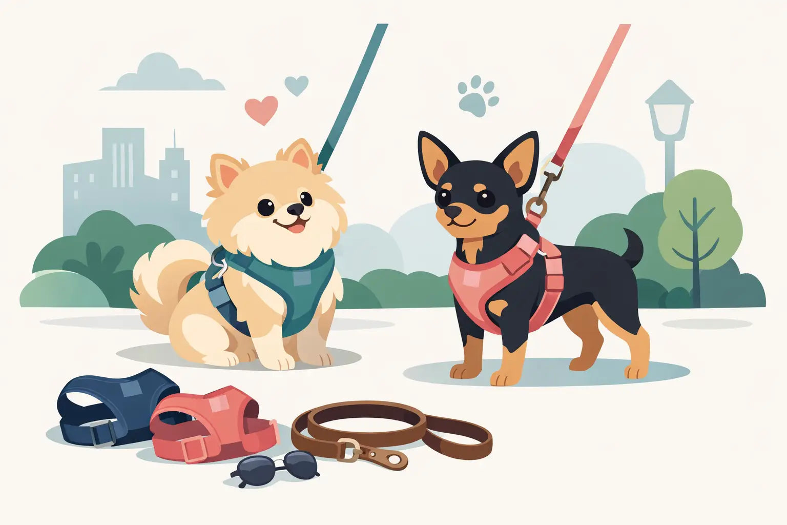 Cute small dogs in stylish harnesses and leads, perfect for walks. Matching pet accessories for luxury puppy fashion.