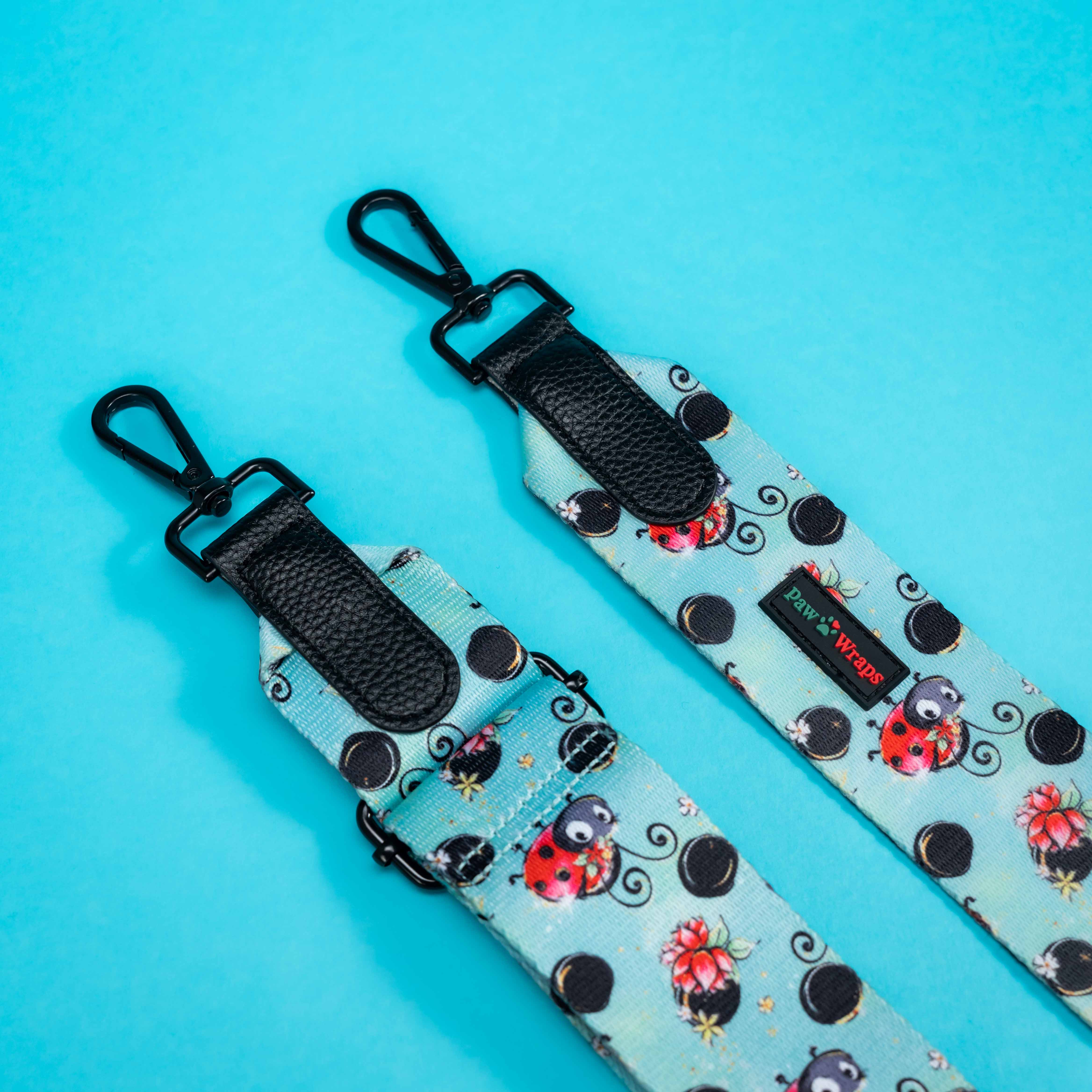 Cute ladybug print dog leash with black hardware, perfect for stylish puppy walks and matching pet accessories.
